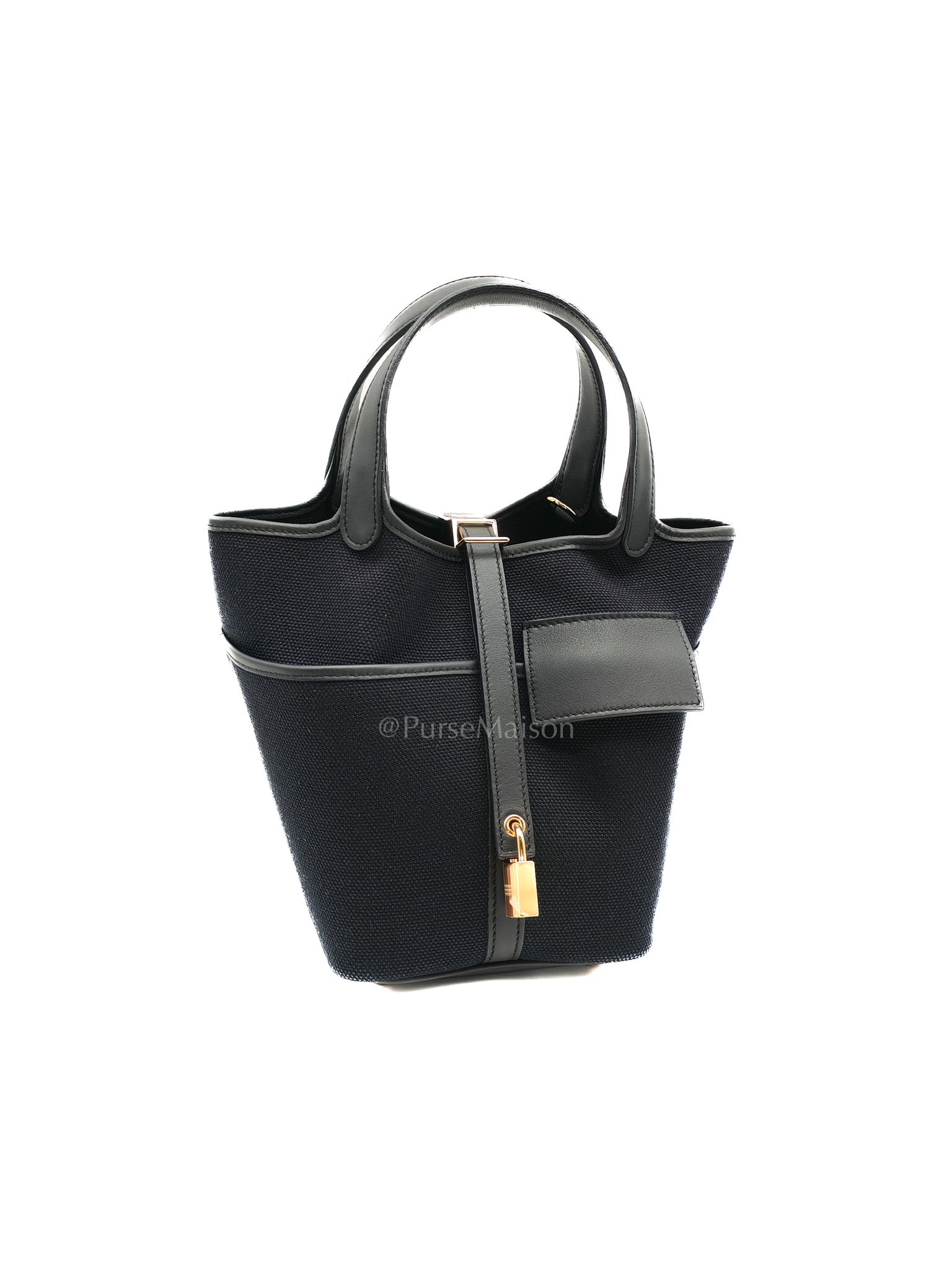 Picotin Cargo 18 in Black Swift and Toile Canvas and Gold Hardware Stamp W (2024)