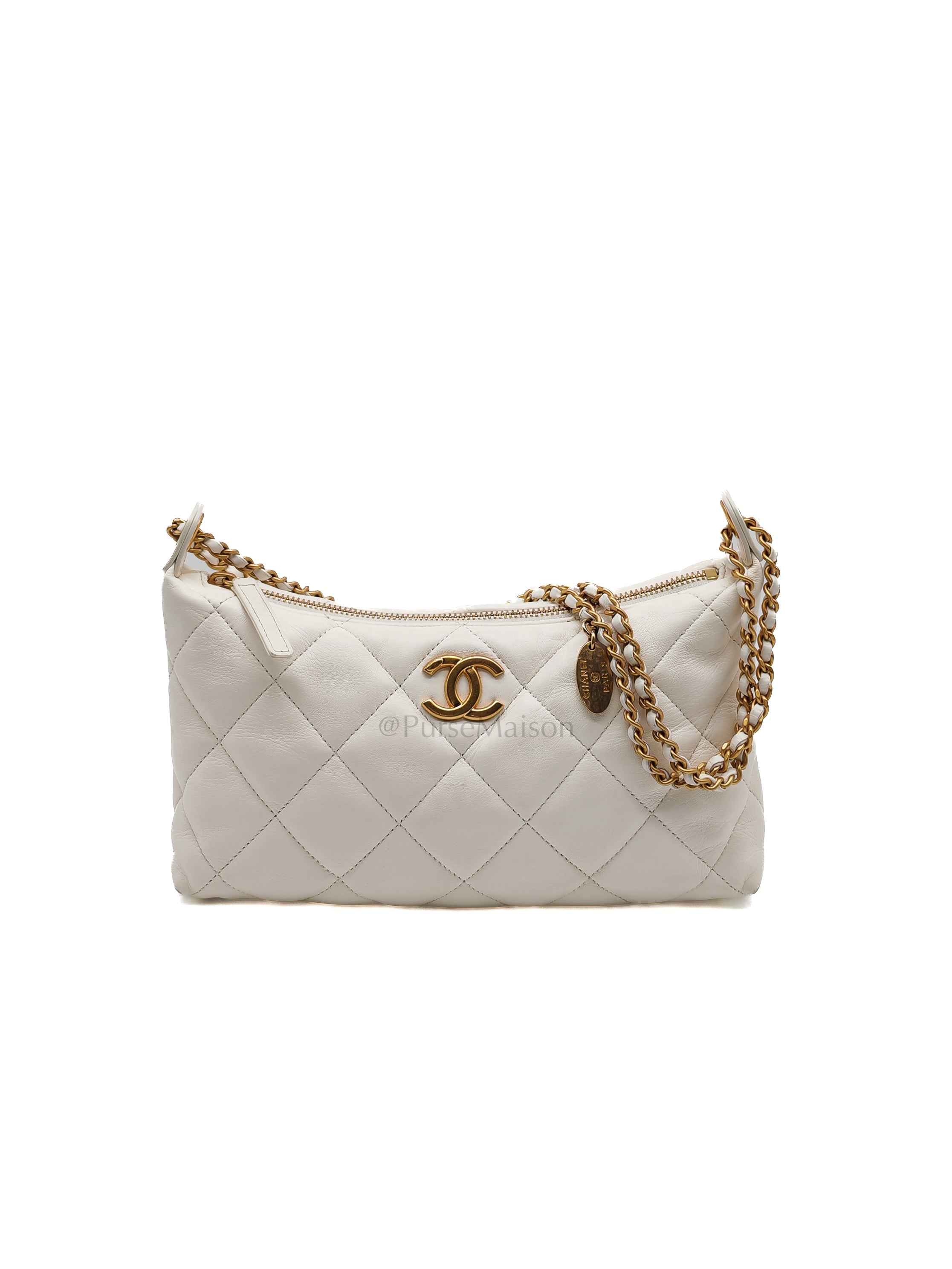 Hobo Bag in White Lambskin Leather and Aged Gold Hardware (Microchip) | Purse Maison Luxury Bags Shop