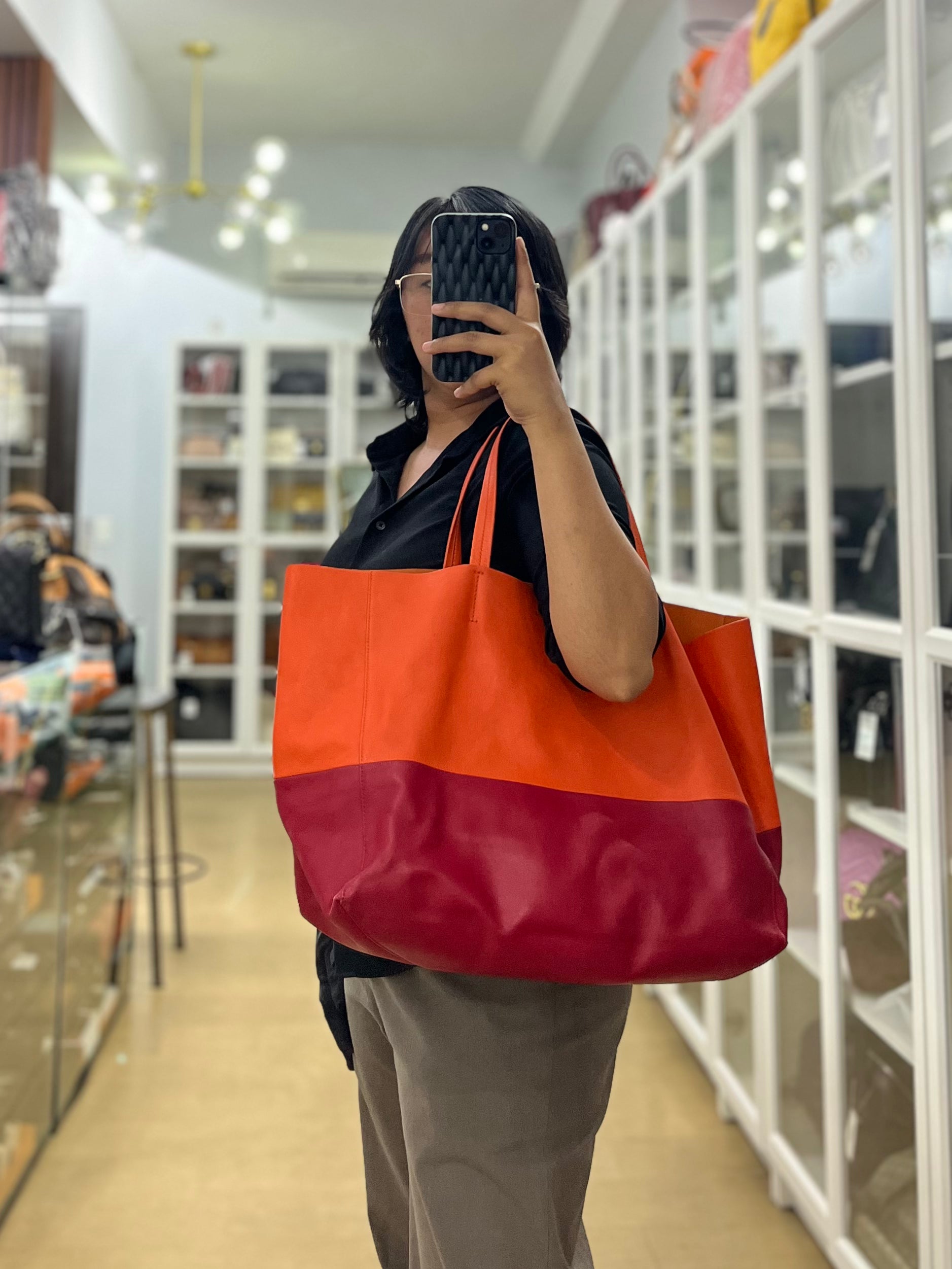 Horizontal Cabas Tote Bag Large in Orange & Red | Purse Maison Luxury Bags Shop