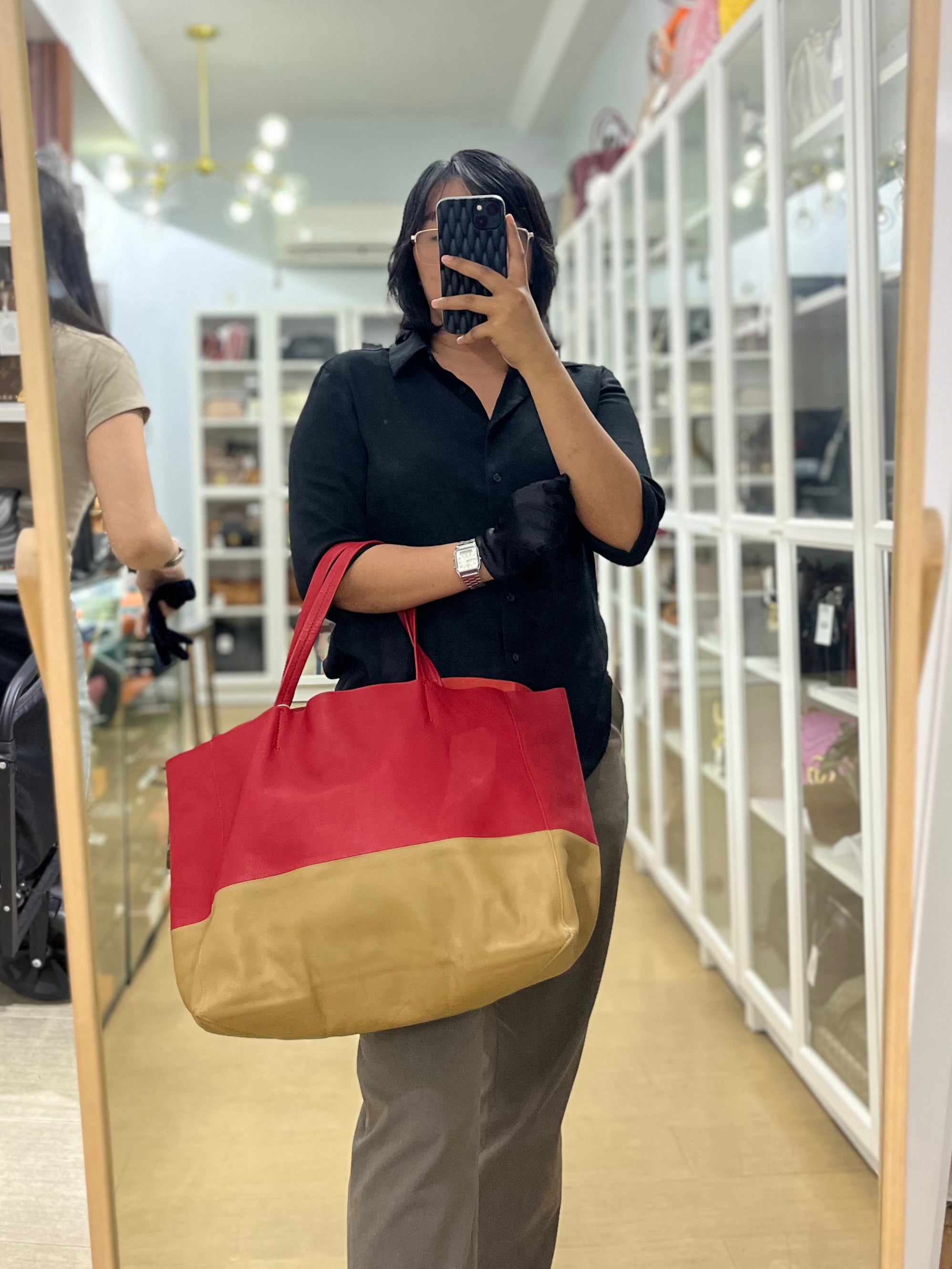 Horizontal Tote Bag 2way Large in Red & Brown | Purse Maison Luxury Bags Shop