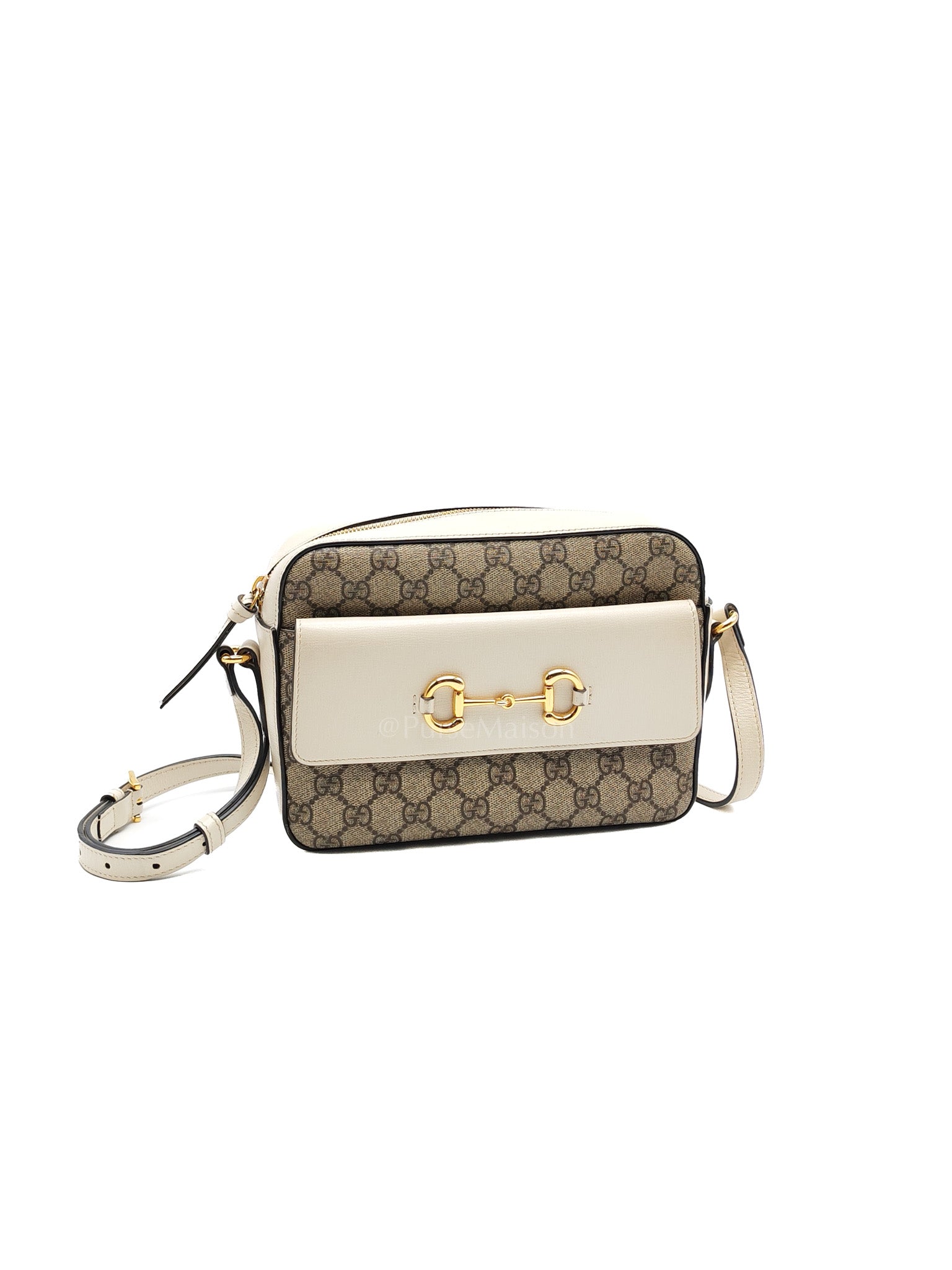 Horsebit 1955 Camera Bag Beige Mystic White Leather & GG Supreme Monogram Canvas | Purse Maison Luxury Bags Shop