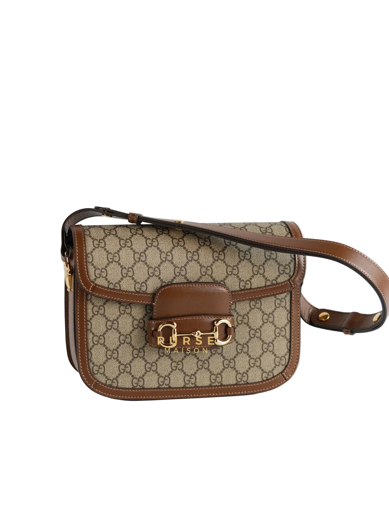 SMALL HORSEBIT 1955 SHOULDER BAG 22.6 IN BEIGE/EBONY GG WITH BROWN CALFSKIN TRIM