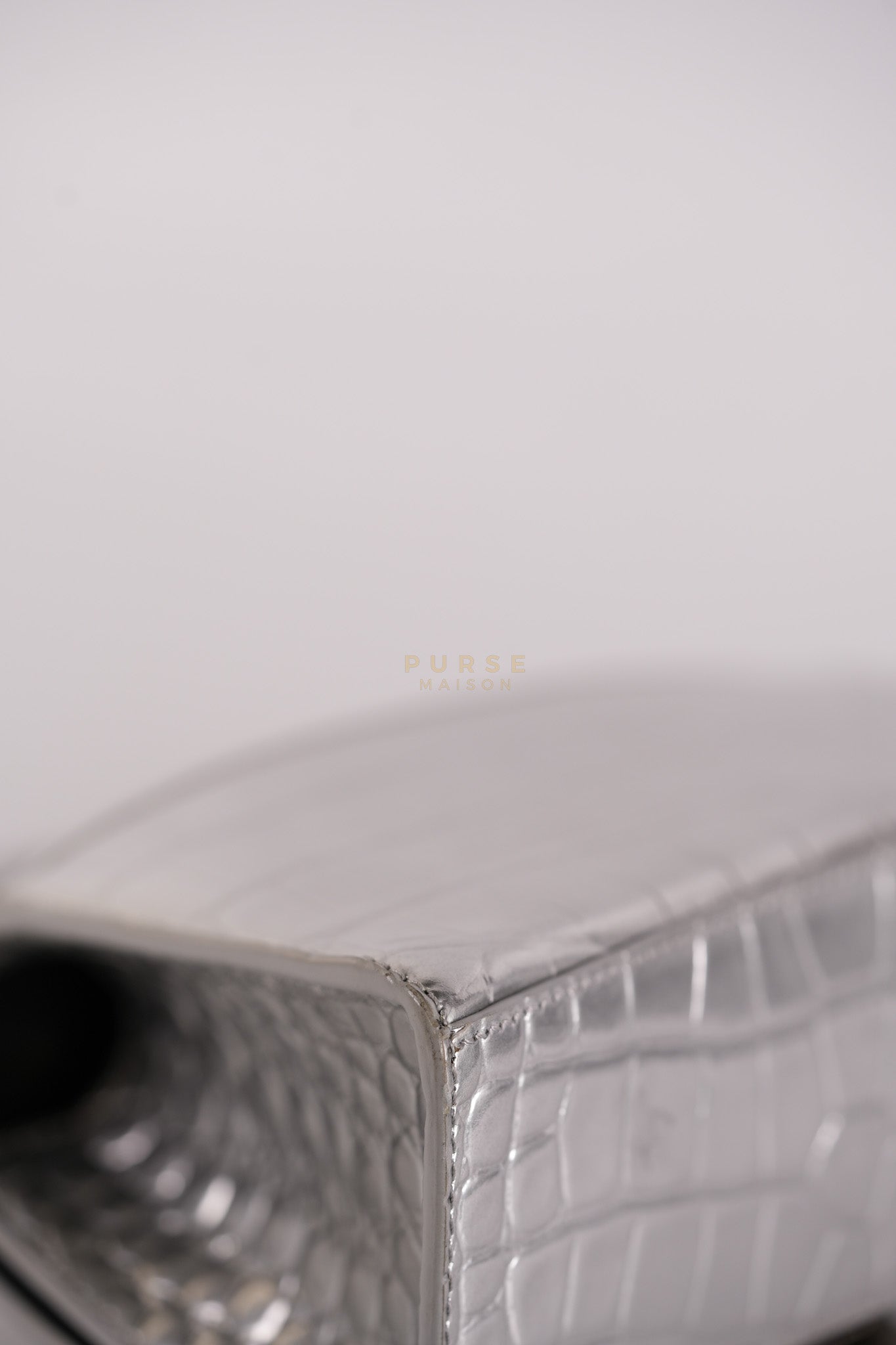 Hourglass Mini in Metallic Silver Crocodile Embossed Leather | Purse Maison Luxury Bags Shop