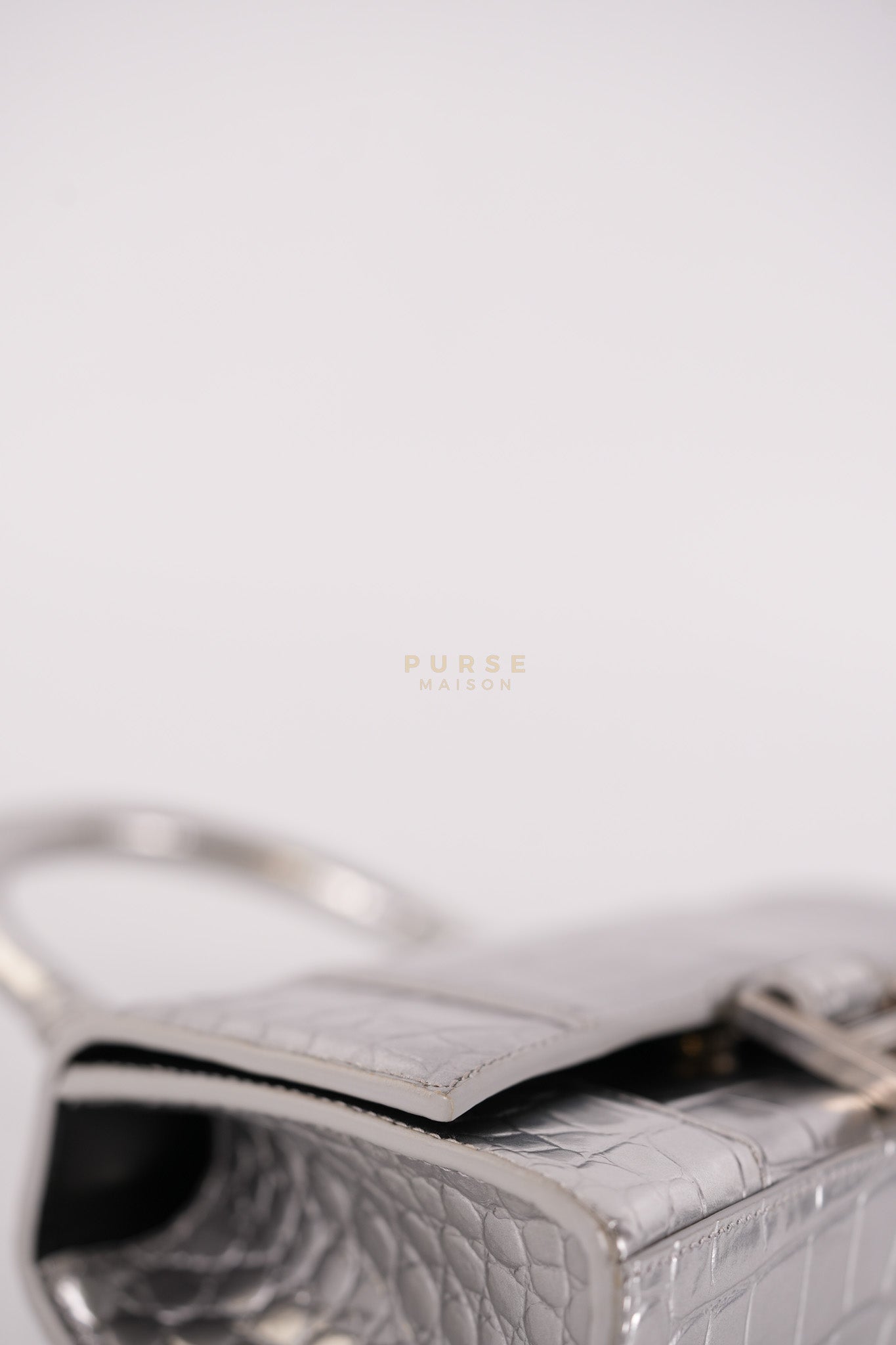 Hourglass Mini in Metallic Silver Crocodile Embossed Leather | Purse Maison Luxury Bags Shop