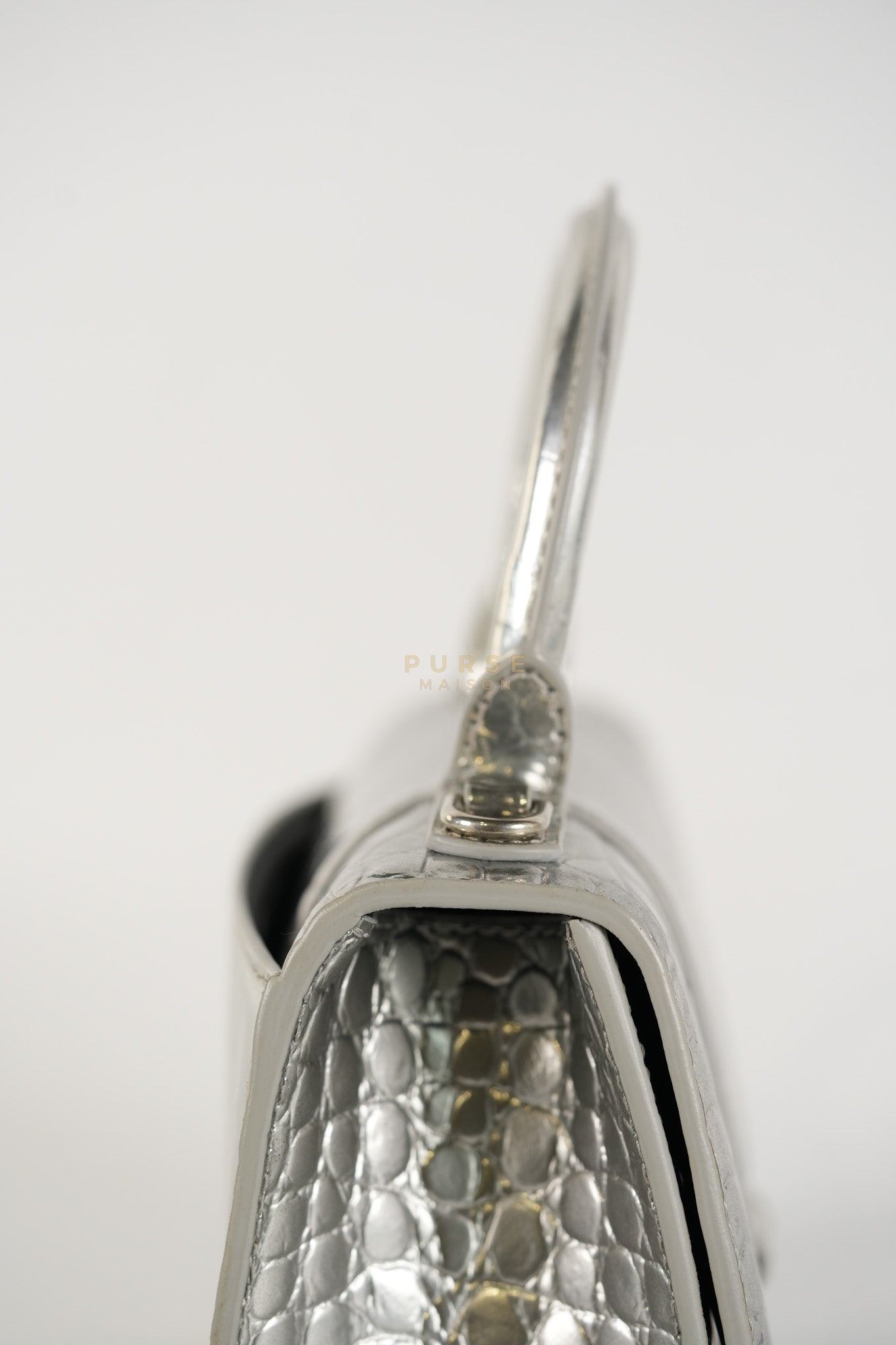 Hourglass Mini in Metallic Silver Crocodile Embossed Leather | Purse Maison Luxury Bags Shop