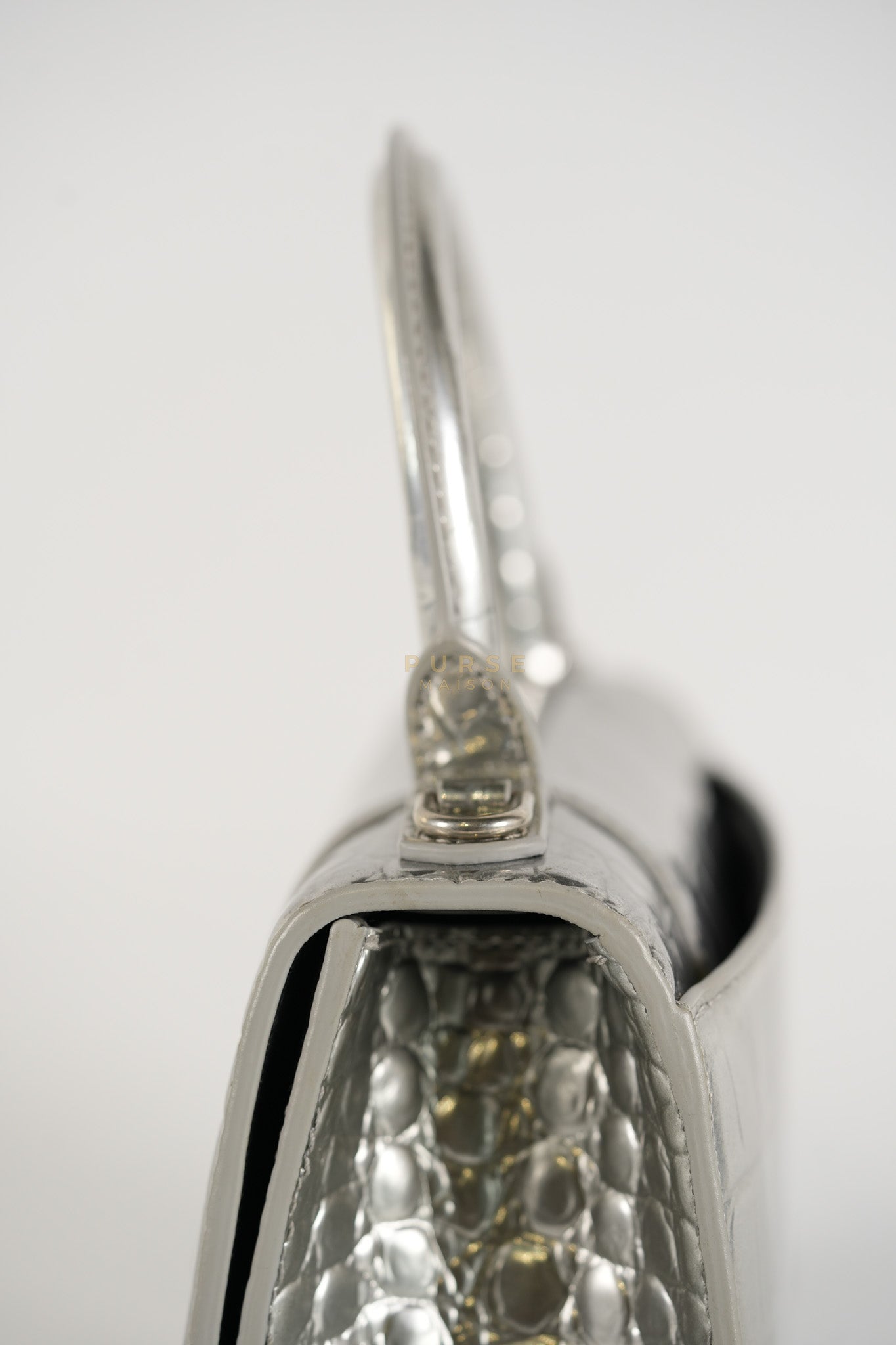 Hourglass Mini in Metallic Silver Crocodile Embossed Leather | Purse Maison Luxury Bags Shop