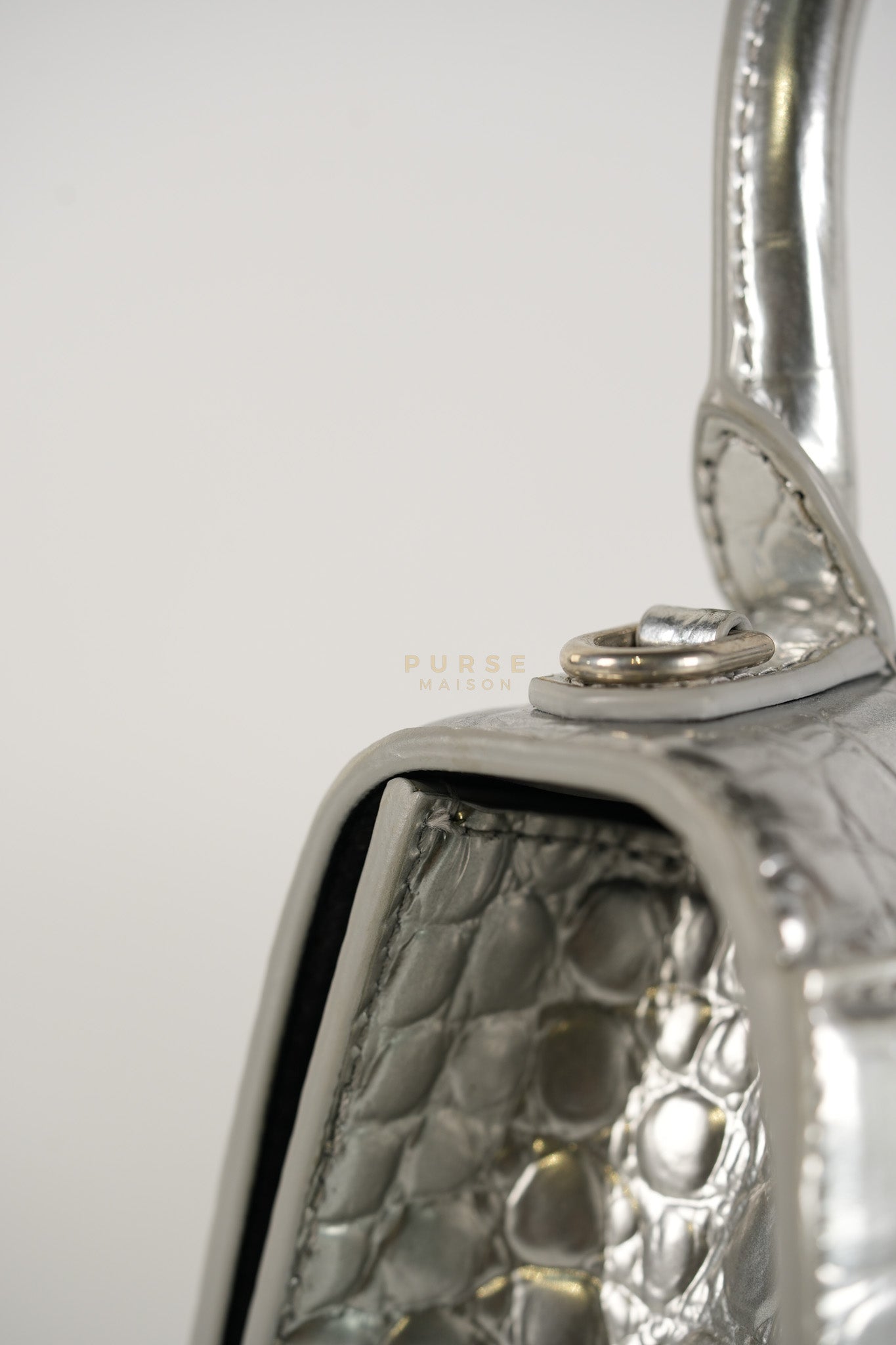 Hourglass Mini in Metallic Silver Crocodile Embossed Leather | Purse Maison Luxury Bags Shop