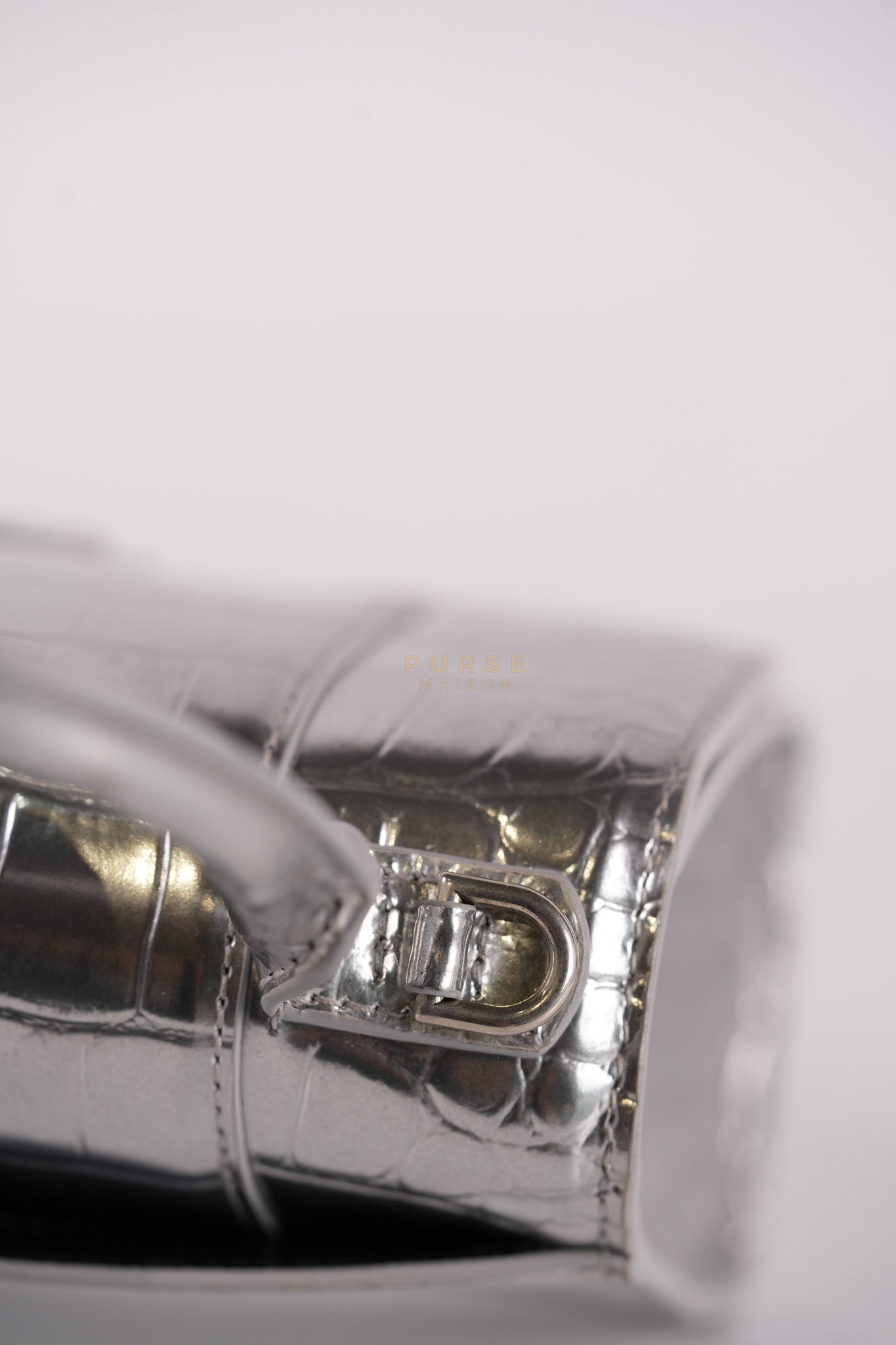 Hourglass Mini in Metallic Silver Crocodile Embossed Leather | Purse Maison Luxury Bags Shop