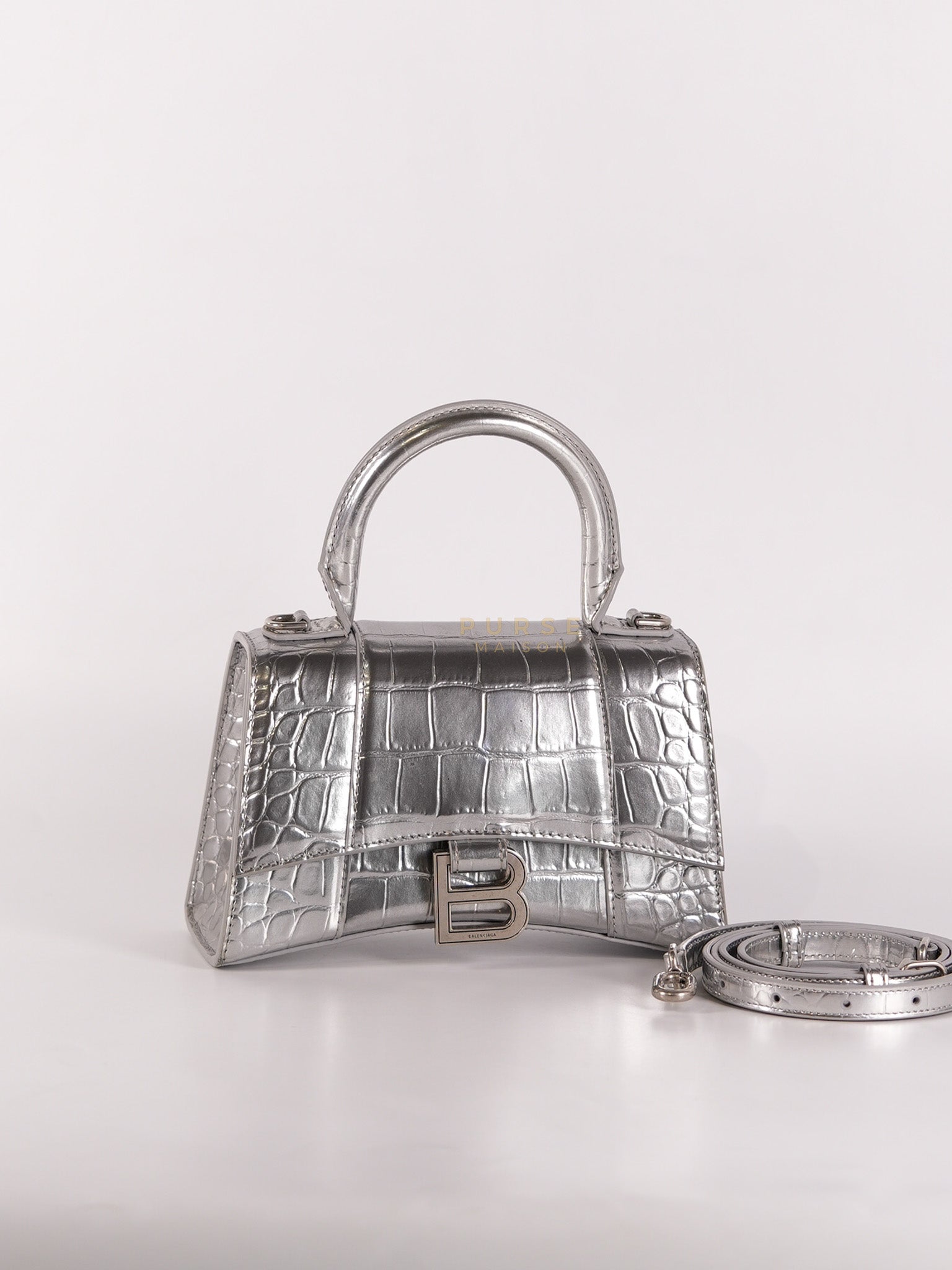 Hourglass Mini in Metallic Silver Crocodile Embossed Leather | Purse Maison Luxury Bags Shop