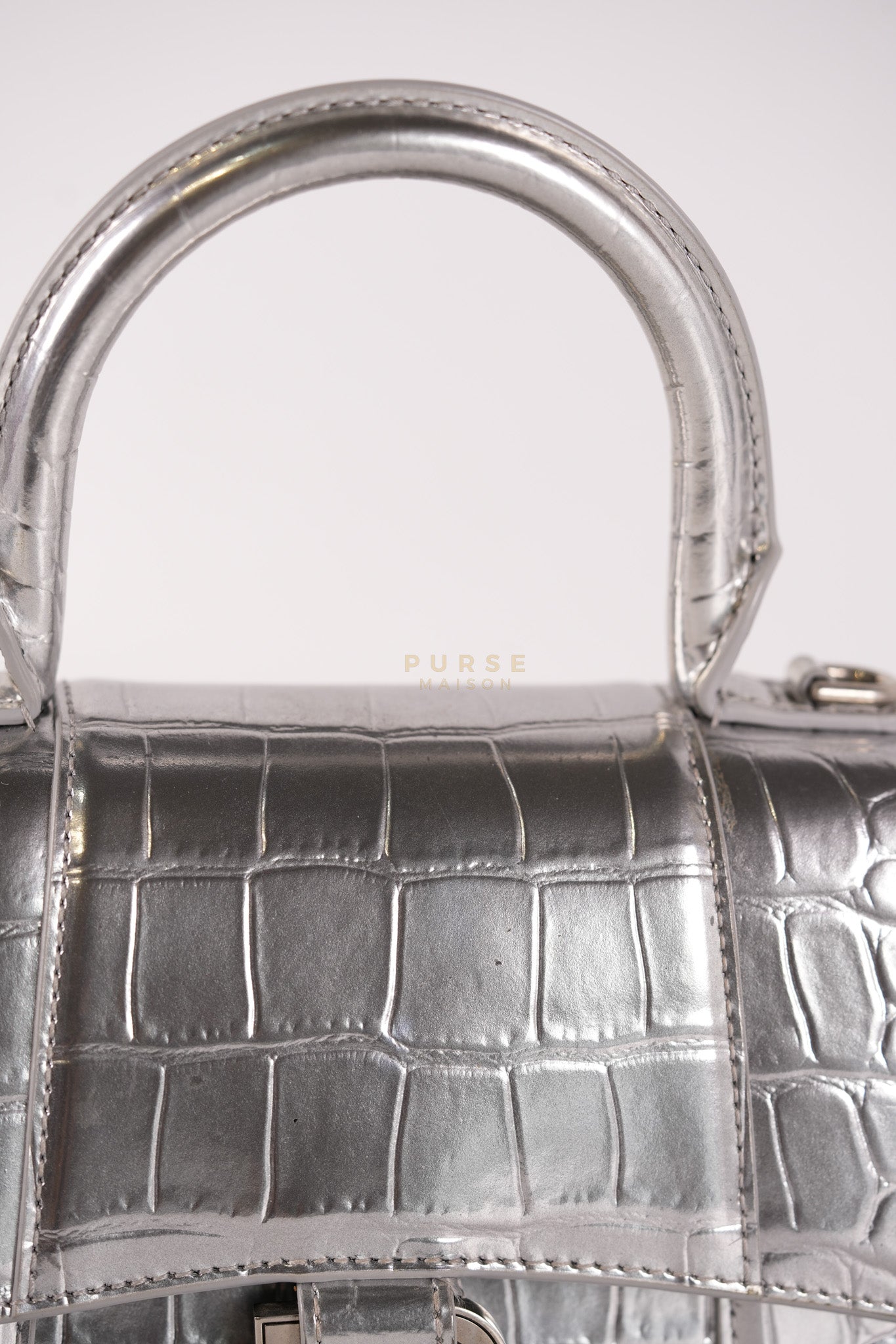 Hourglass Mini in Metallic Silver Crocodile Embossed Leather | Purse Maison Luxury Bags Shop