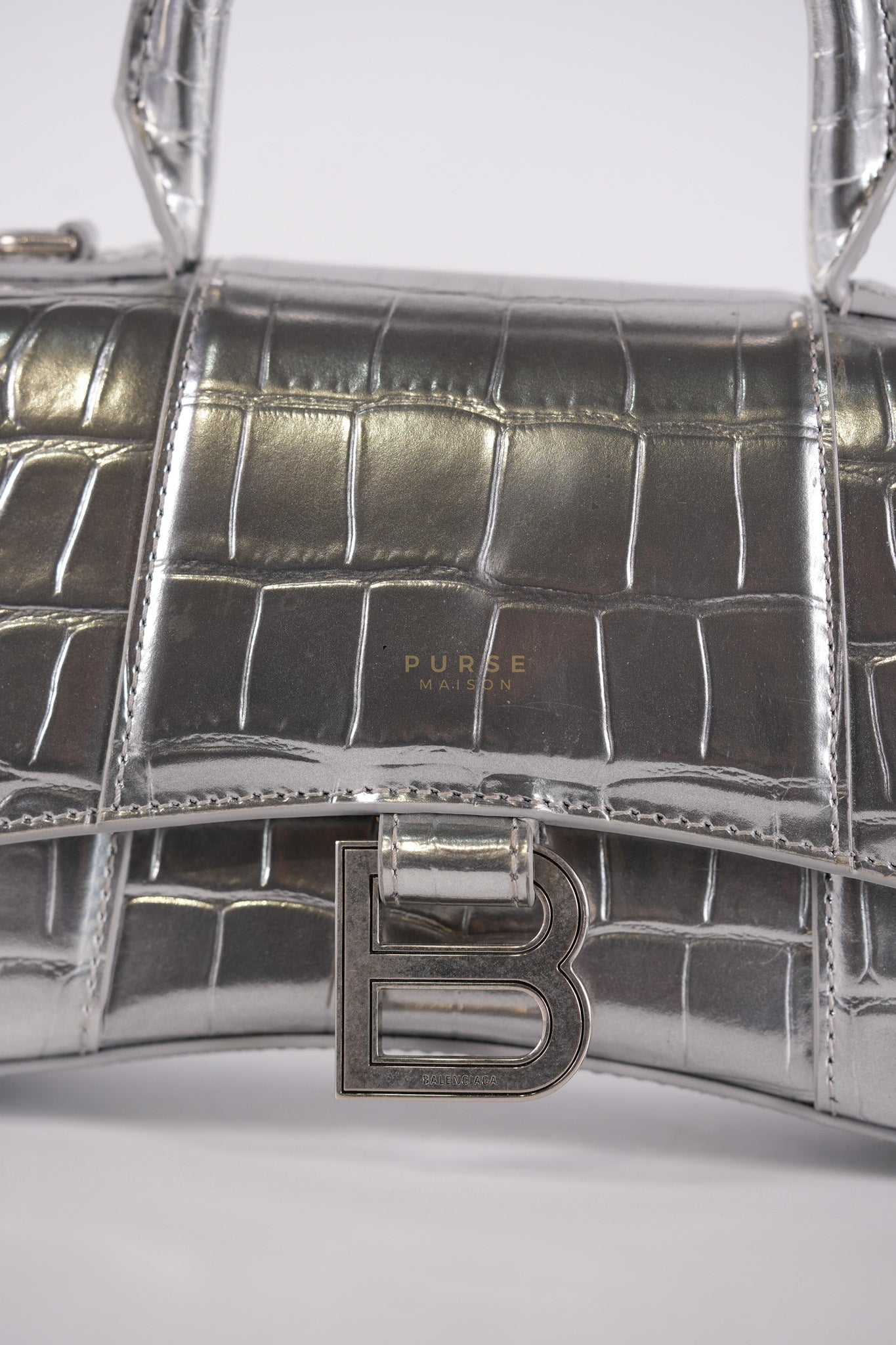 Hourglass Mini in Metallic Silver Crocodile Embossed Leather | Purse Maison Luxury Bags Shop