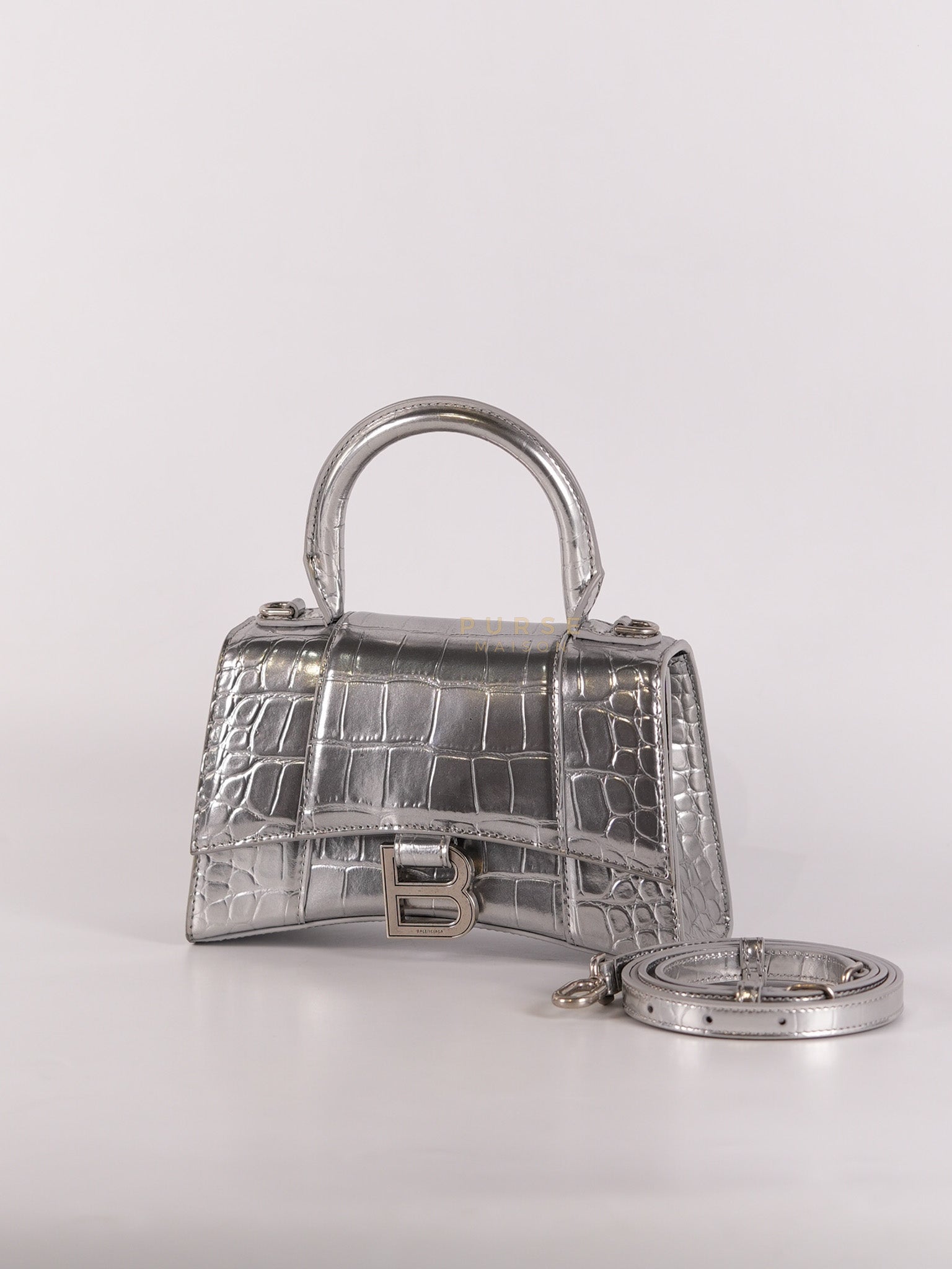 Hourglass Mini in Metallic Silver Crocodile Embossed Leather | Purse Maison Luxury Bags Shop