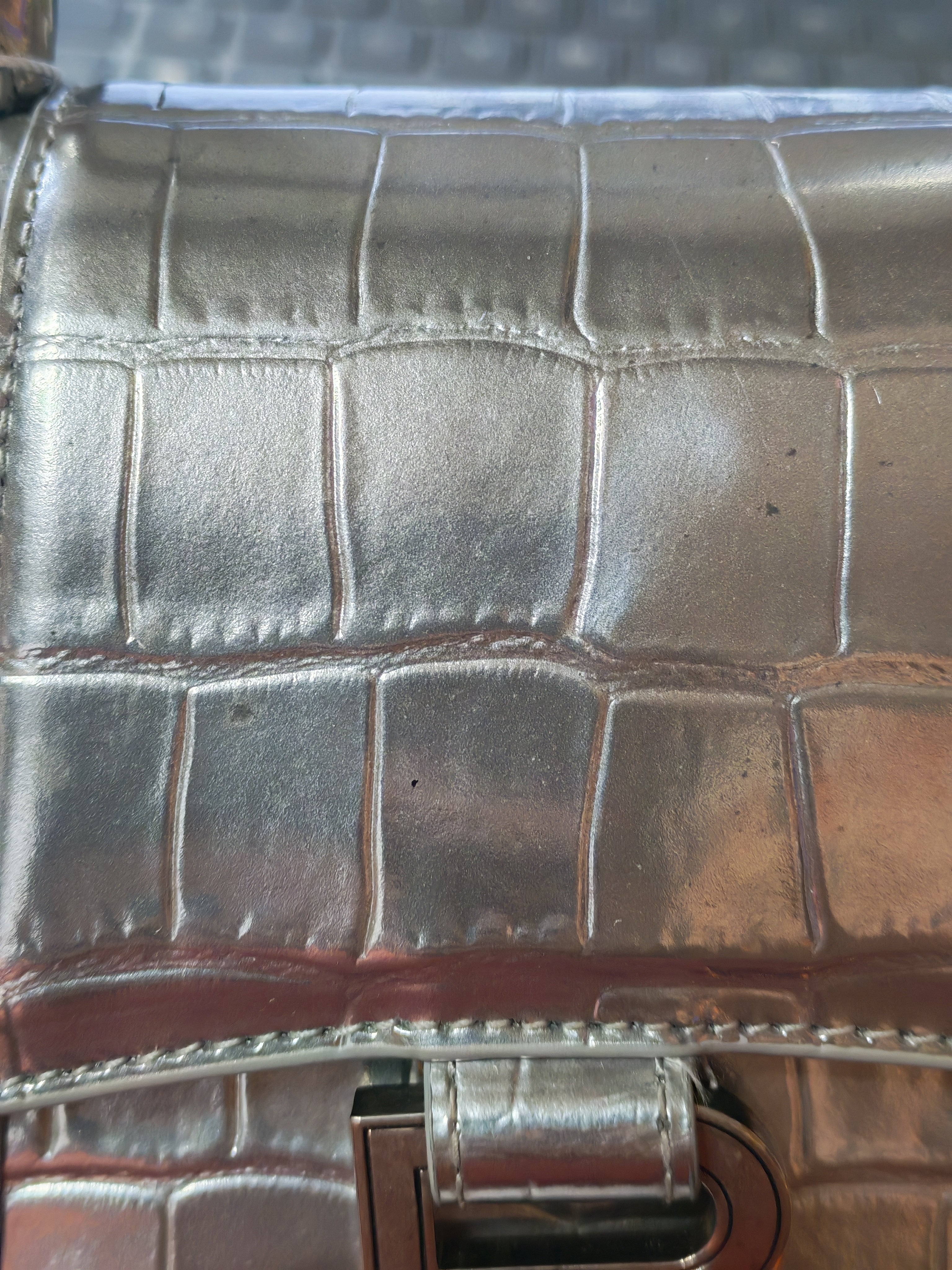 Hourglass Mini in Metallic Silver Crocodile Embossed Leather | Purse Maison Luxury Bags Shop