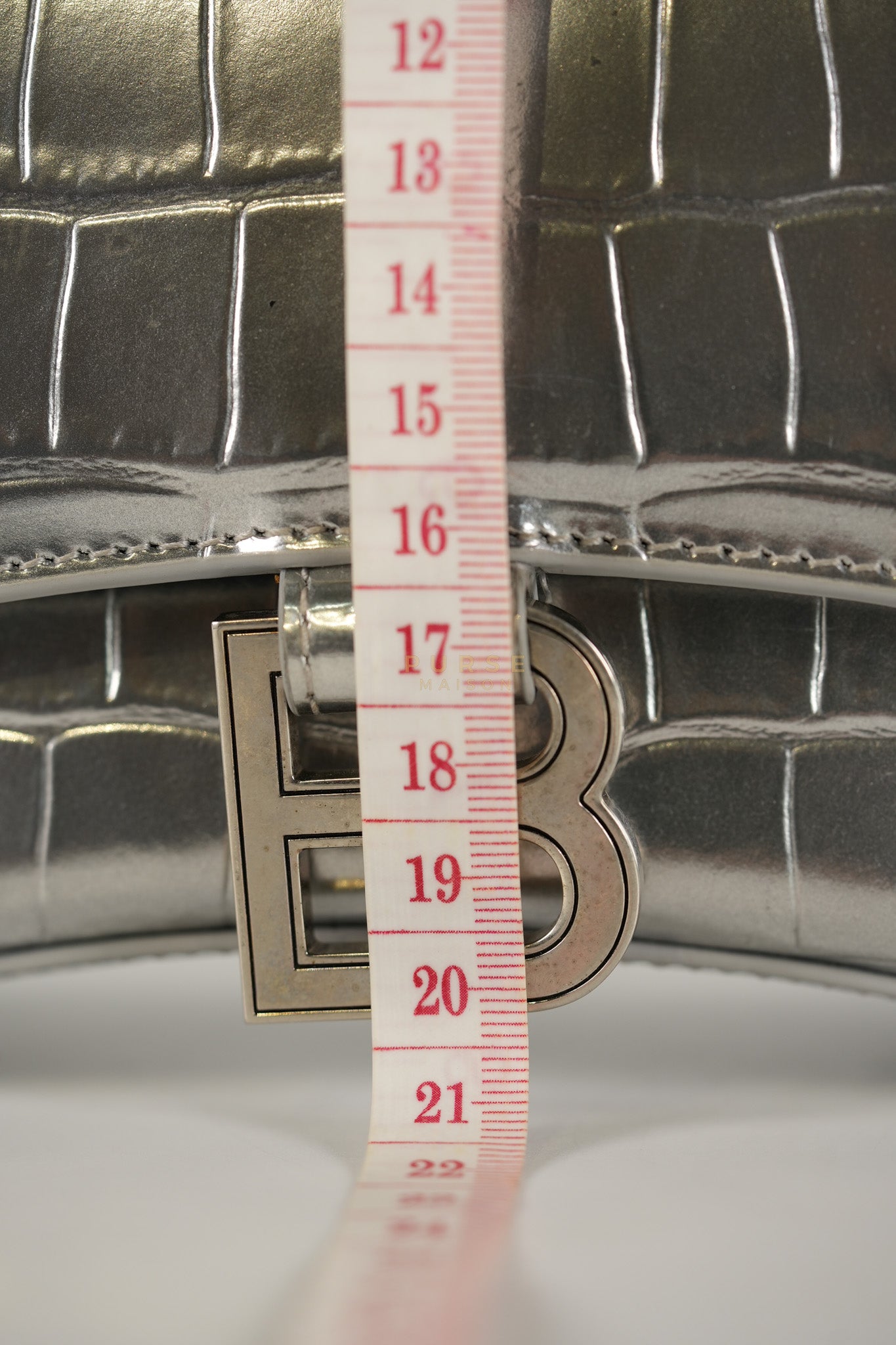 Hourglass Mini in Metallic Silver Crocodile Embossed Leather | Purse Maison Luxury Bags Shop