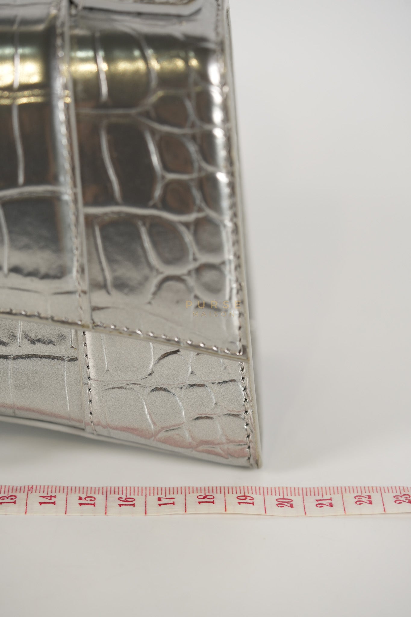 Hourglass Mini in Metallic Silver Crocodile Embossed Leather | Purse Maison Luxury Bags Shop