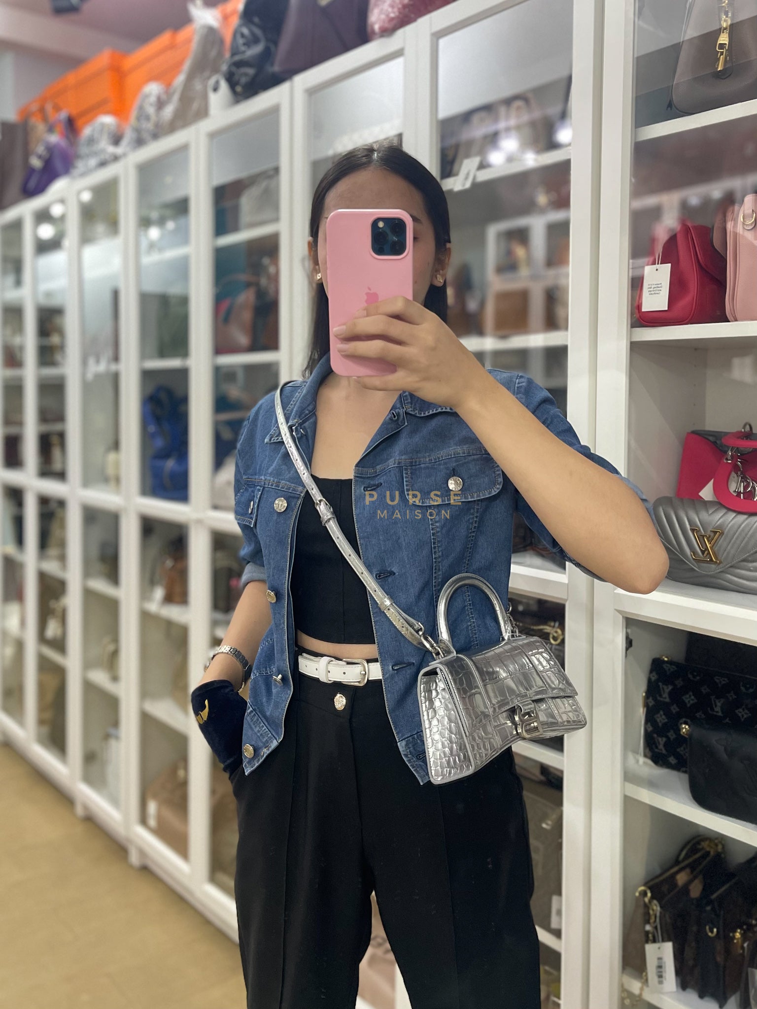 Hourglass Mini in Metallic Silver Crocodile Embossed Leather | Purse Maison Luxury Bags Shop