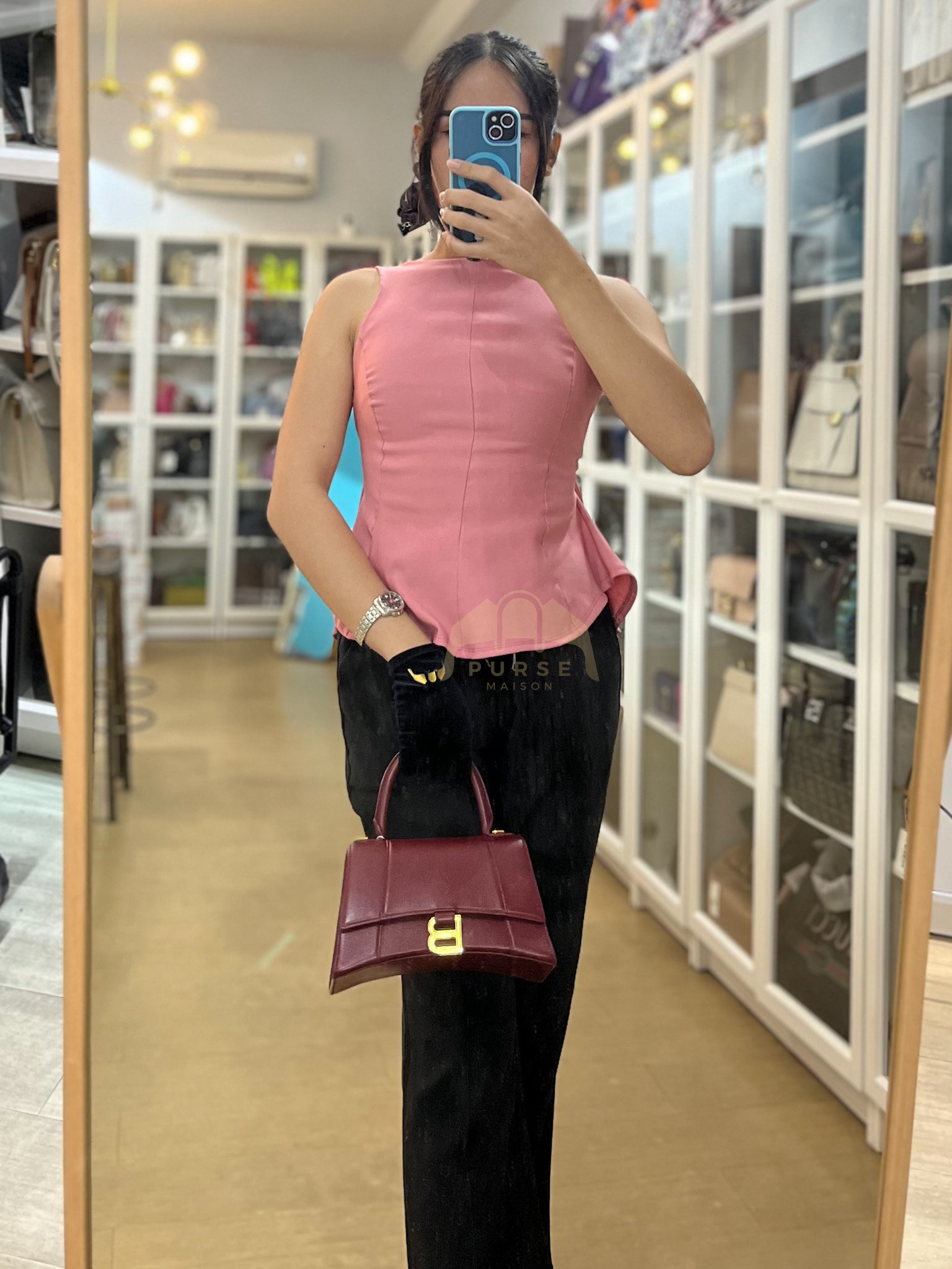 Hourglass Small in Dark Red Grained Leather | Purse Maison Luxury Bags Shop