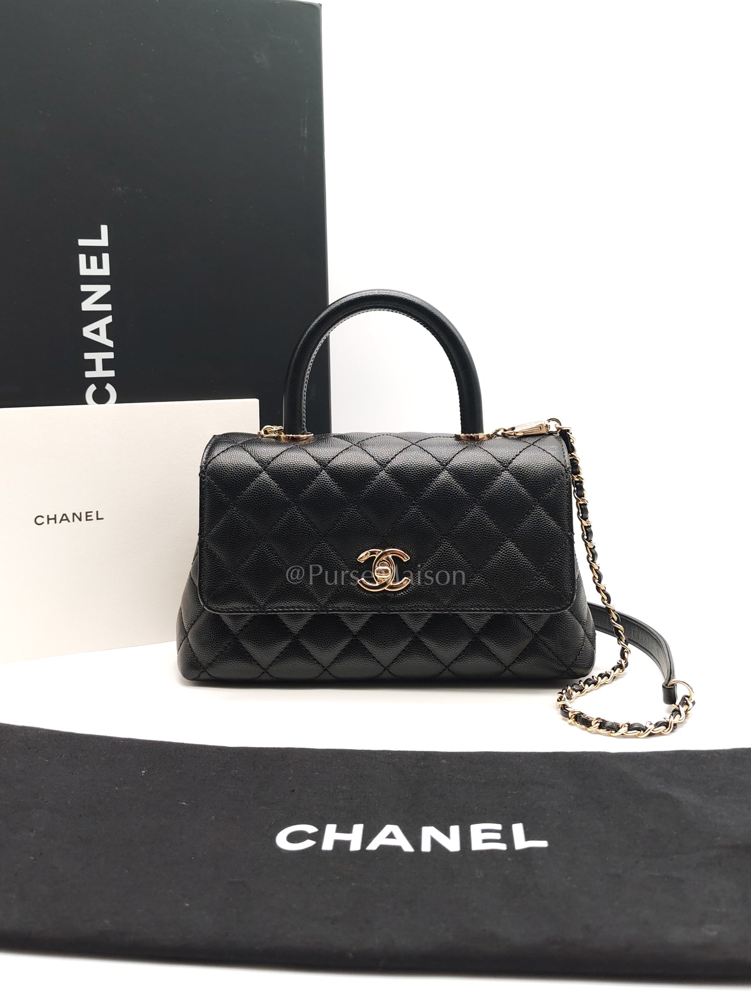 Coco Handle Small in Black Caviar Leather and Light Gold Hardware (Microchip) | Purse Maison Luxury Bags Shop