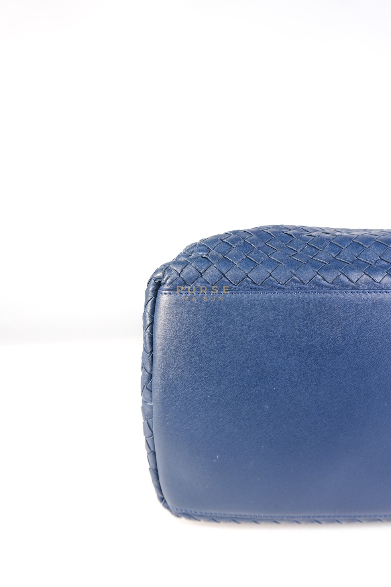 Intercciato Double Zipped Tote Bag in Blue Woven Leather | Purse Maison Luxury Bags Shop