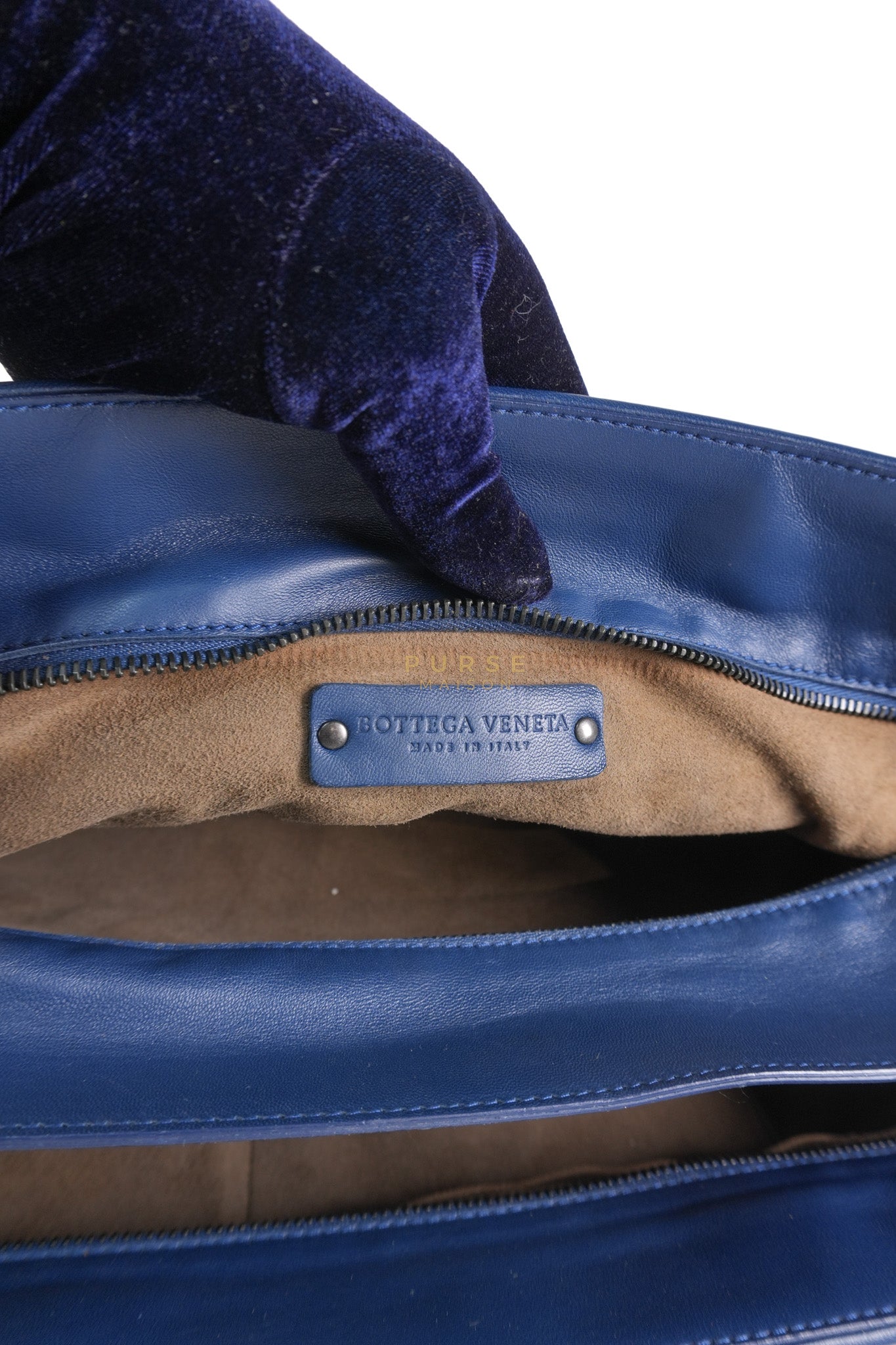 Intercciato Double Zipped Tote Bag in Blue Woven Leather | Purse Maison Luxury Bags Shop