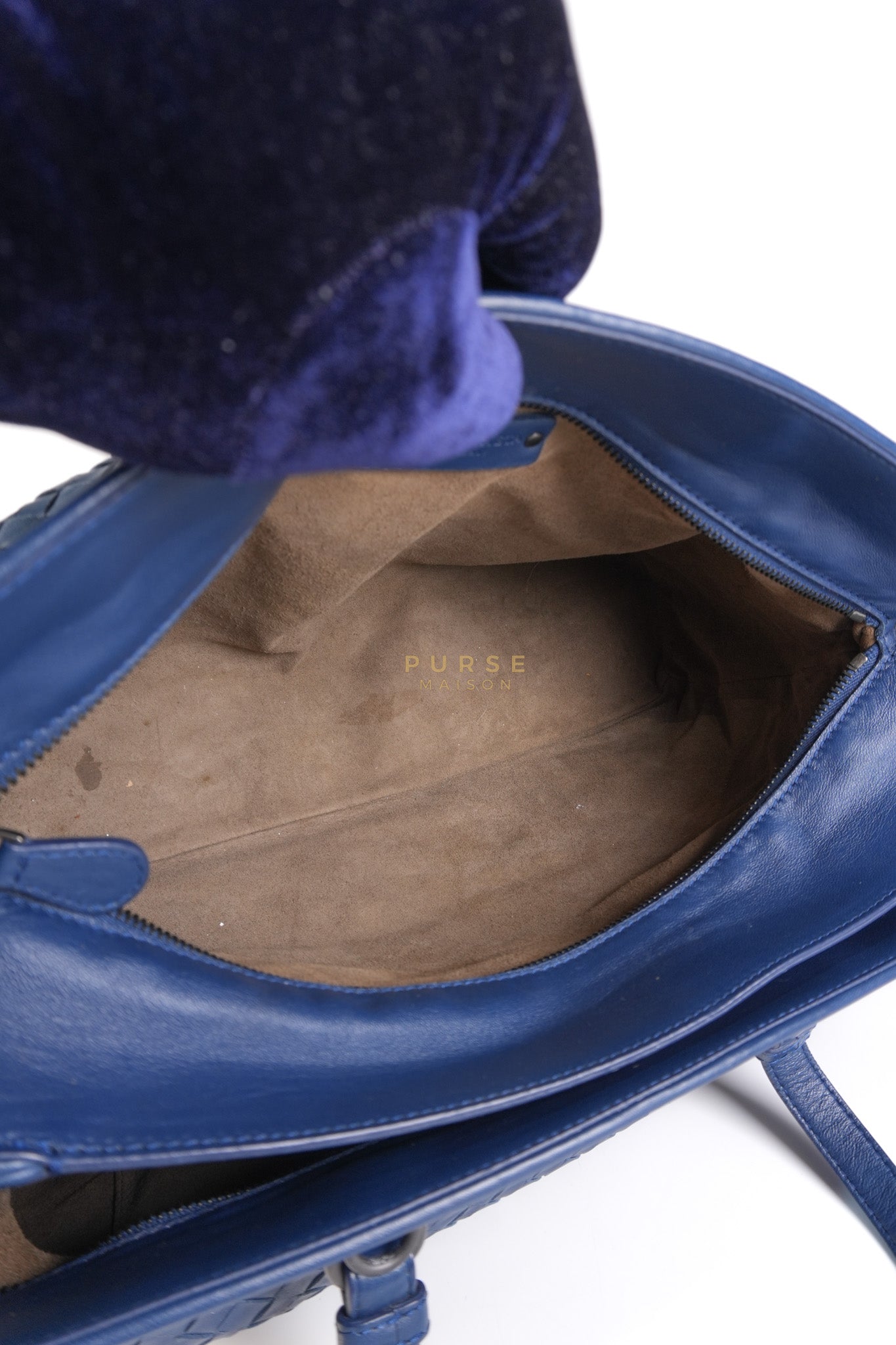 Intercciato Double Zipped Tote Bag in Blue Woven Leather | Purse Maison Luxury Bags Shop