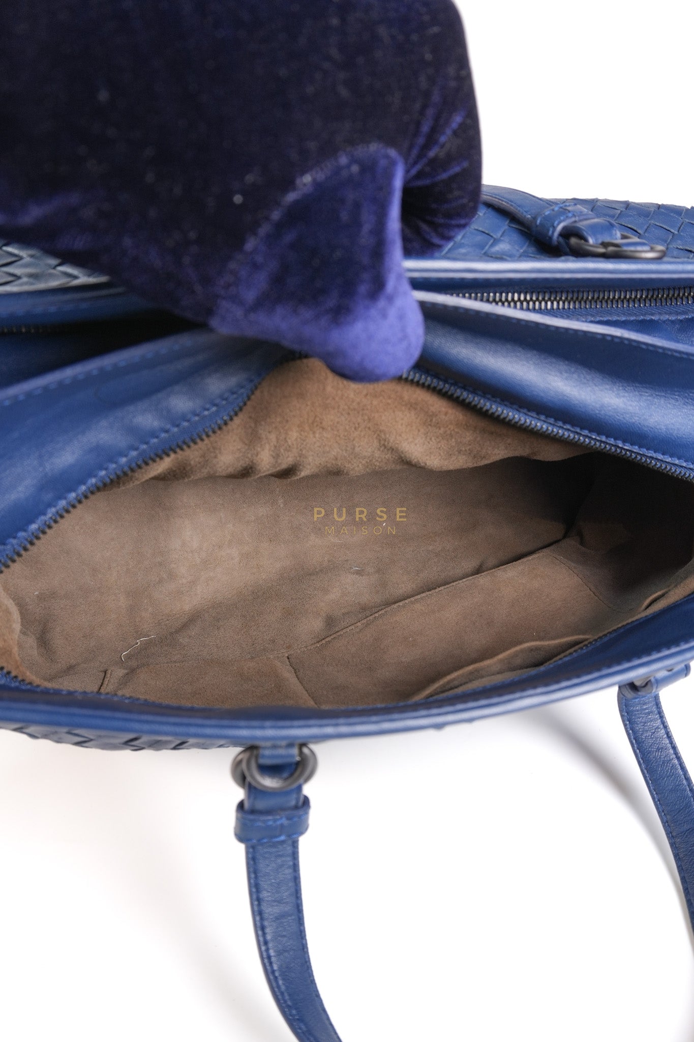 Intercciato Double Zipped Tote Bag in Blue Woven Leather | Purse Maison Luxury Bags Shop