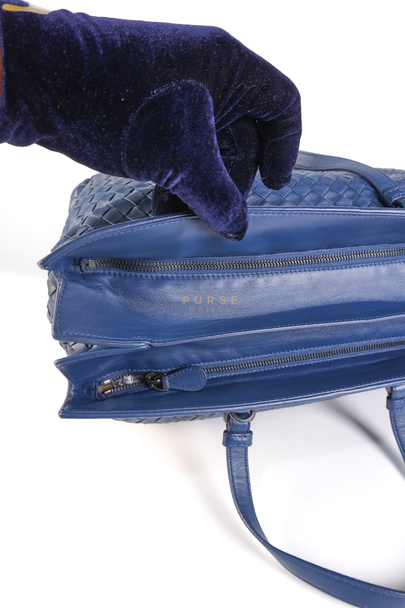 Intercciato Double Zipped Tote Bag in Blue Woven Leather | Purse Maison Luxury Bags Shop