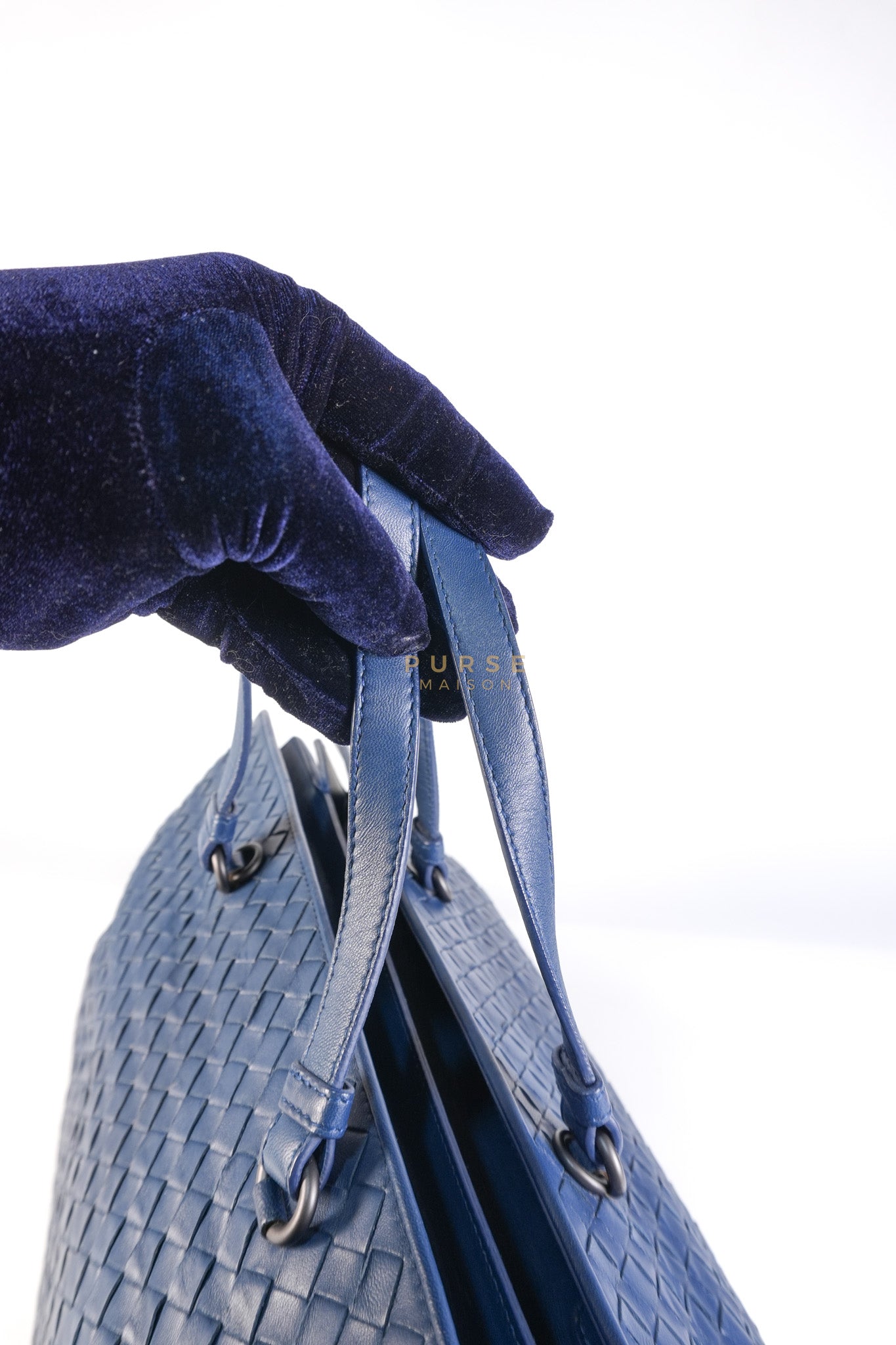 Intercciato Double Zipped Tote Bag in Blue Woven Leather | Purse Maison Luxury Bags Shop