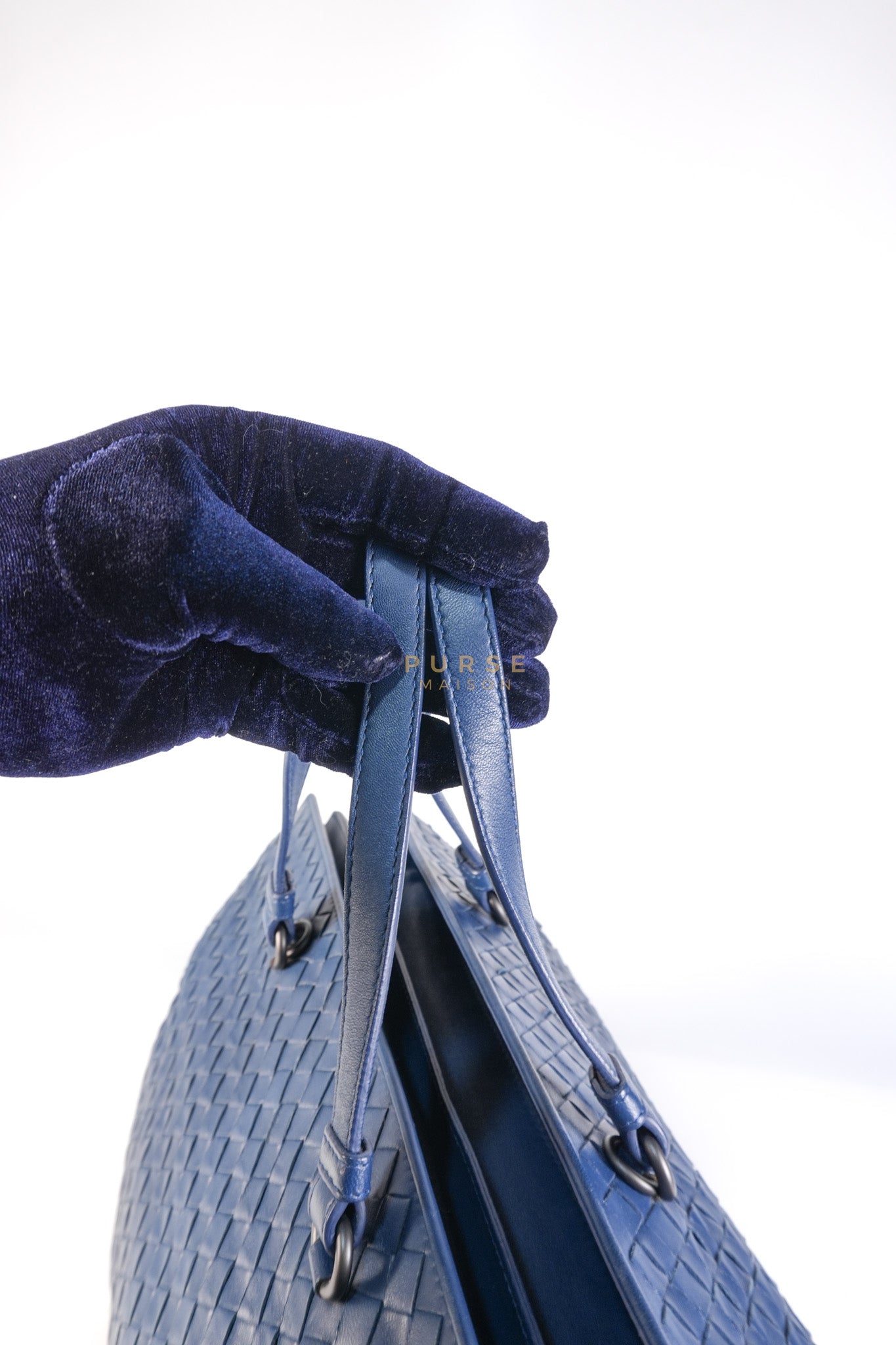 Intercciato Double Zipped Tote Bag in Blue Woven Leather | Purse Maison Luxury Bags Shop