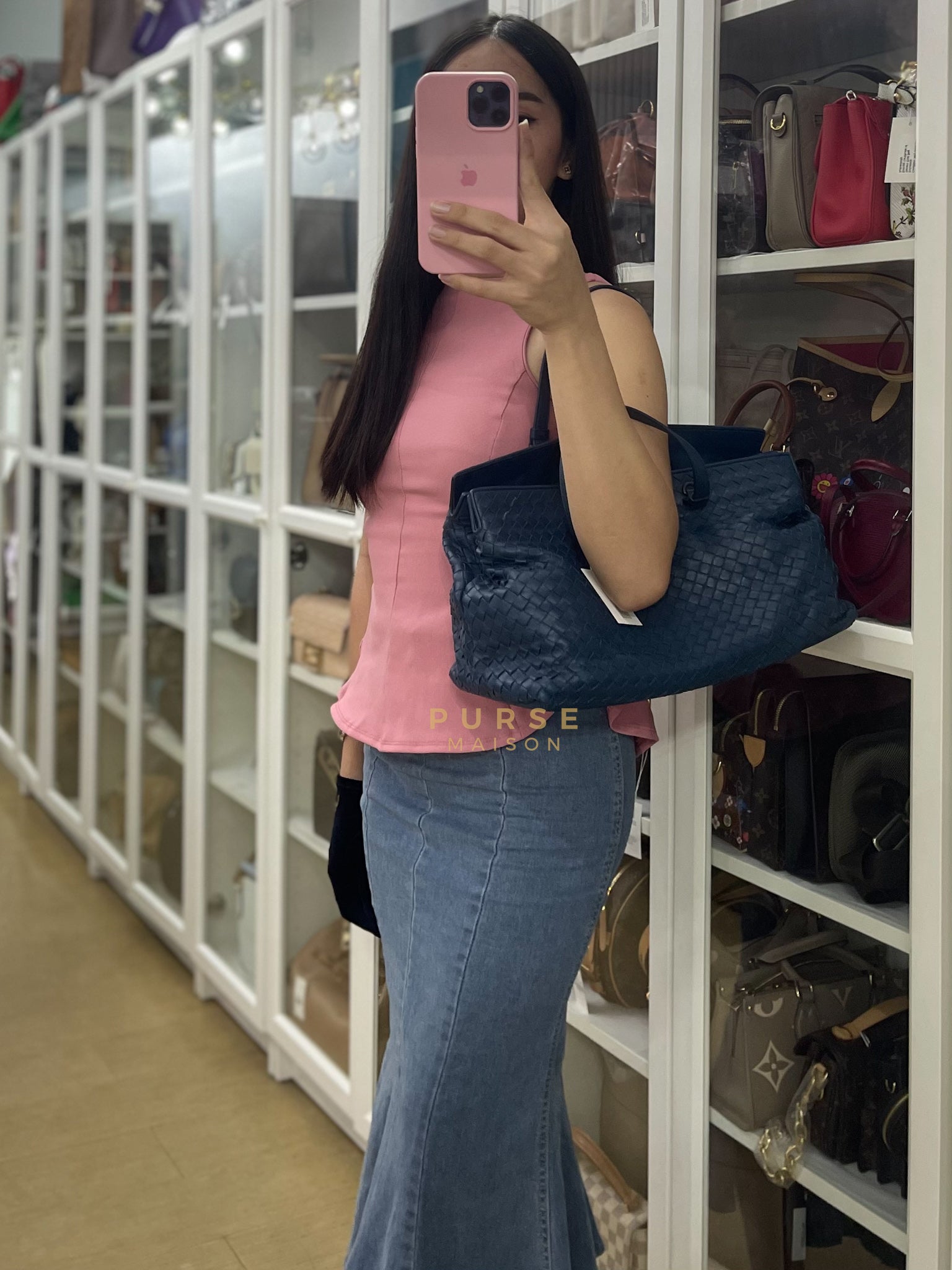 Intercciato Double Zipped Tote Bag in Blue Woven Leather | Purse Maison Luxury Bags Shop