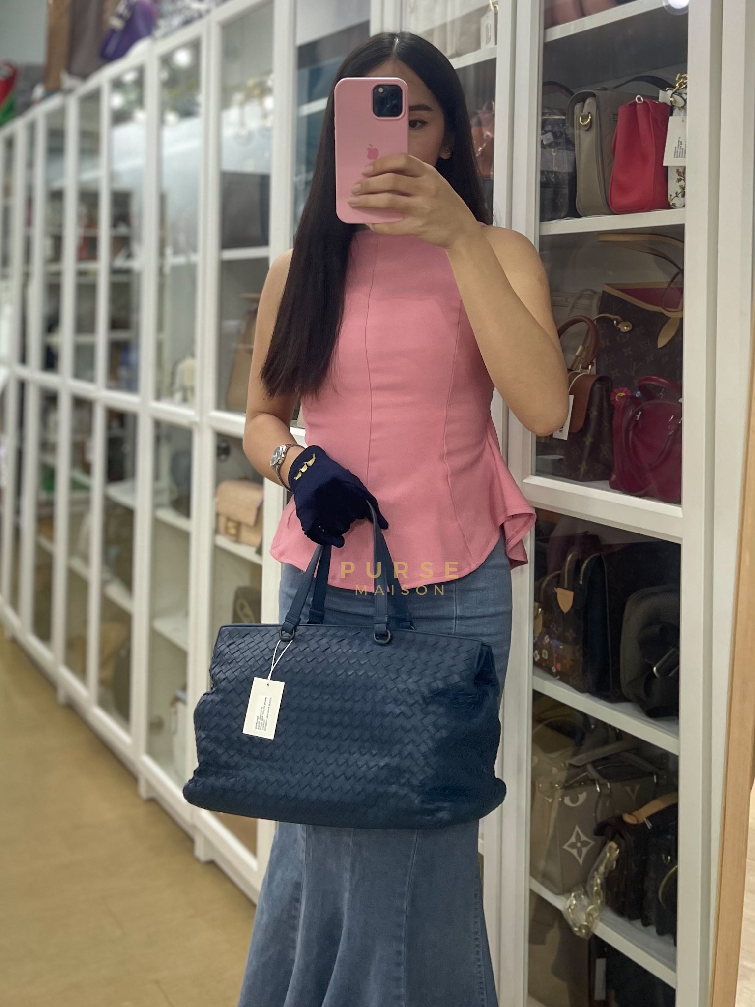 Intercciato Double Zipped Tote Bag in Blue Woven Leather | Purse Maison Luxury Bags Shop