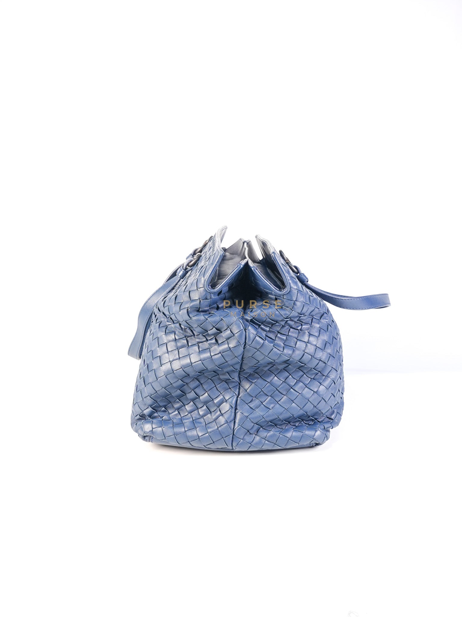 Intercciato Double Zipped Tote Bag in Blue Woven Leather | Purse Maison Luxury Bags Shop