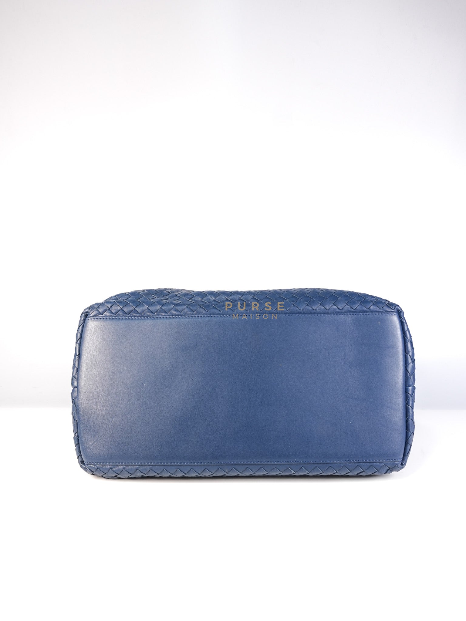 Intercciato Double Zipped Tote Bag in Blue Woven Leather | Purse Maison Luxury Bags Shop