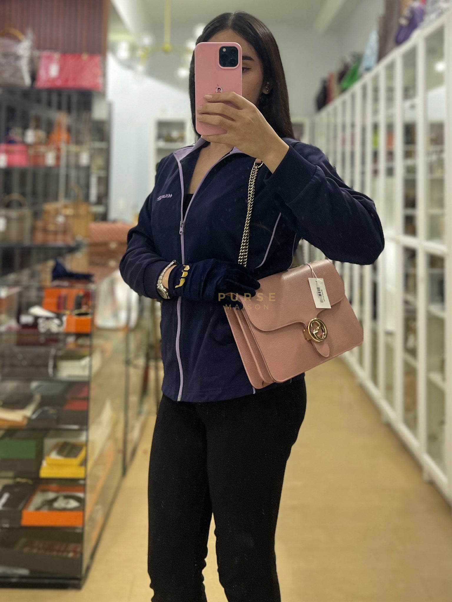 Interlocking G Medium in Pink Grained Calfskin Leather Chain Strap Bag | Purse Maison Luxury Bags Shop