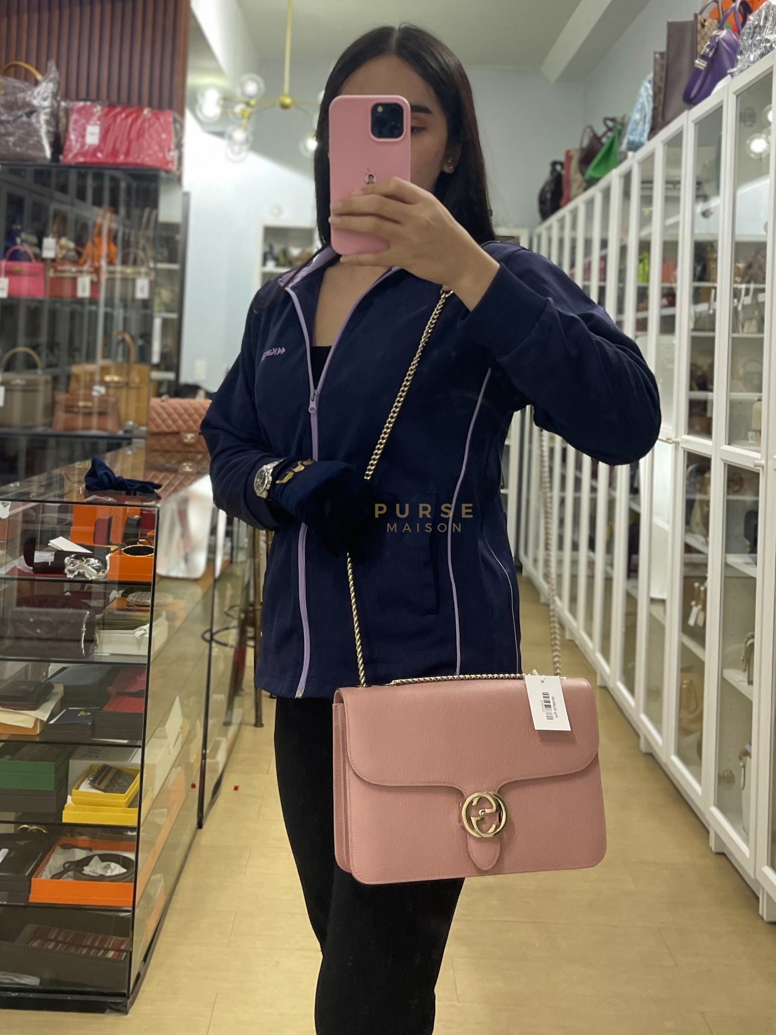 Interlocking G Medium in Pink Grained Calfskin Leather Chain Strap Bag | Purse Maison Luxury Bags Shop