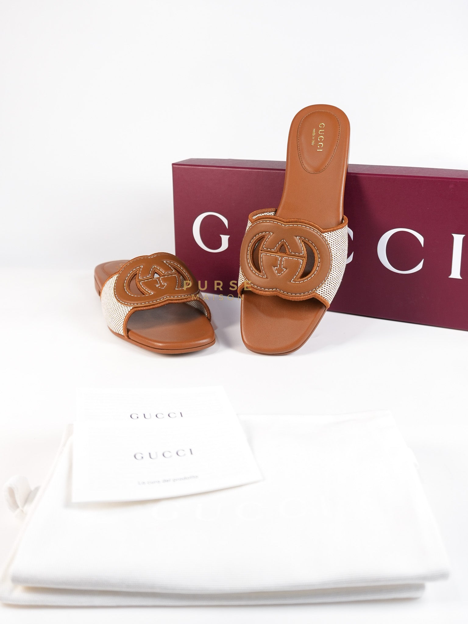 Interlocking G Slide Sandlas in Tan Size 37 EU (23cm) | Purse Maison Luxury Bags Shop