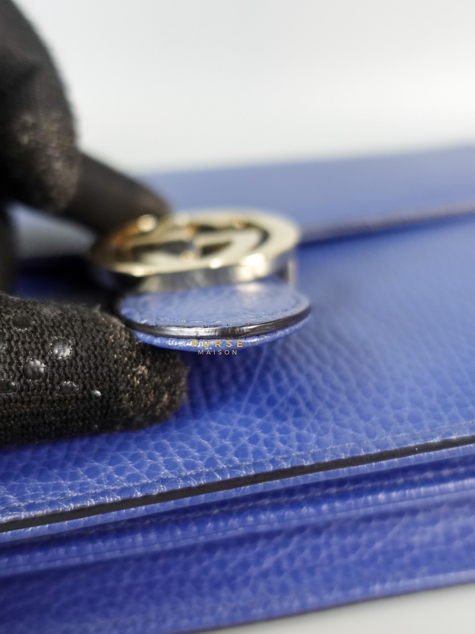 Interlocking Small Blue Leather Marmont Chain Handbag and Silver Hardware | Purse Maison Luxury Bags Shop