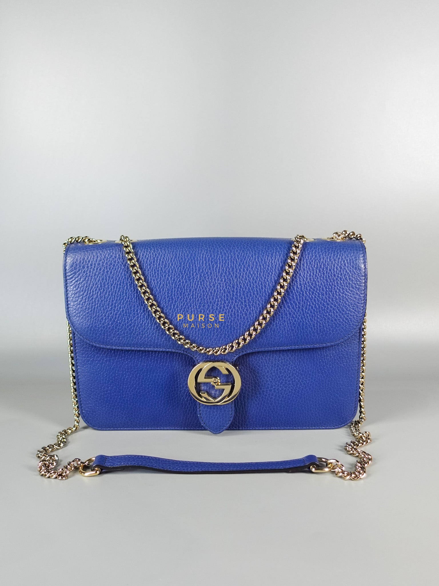 Interlocking Small Blue Leather Marmont Chain Handbag and Silver Hardware | Purse Maison Luxury Bags Shop