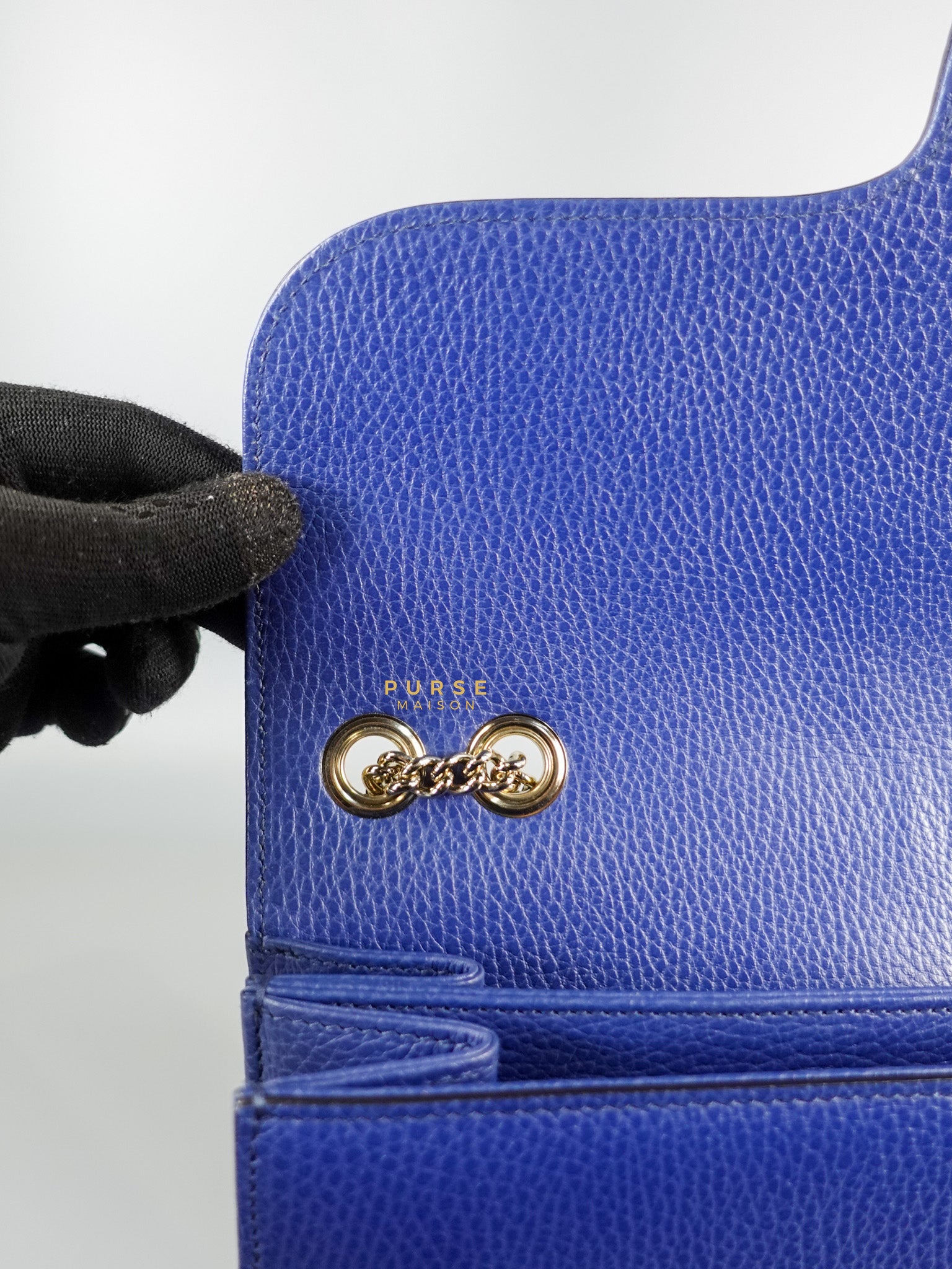 Interlocking Small Blue Leather Marmont Chain Handbag and Silver Hardware | Purse Maison Luxury Bags Shop