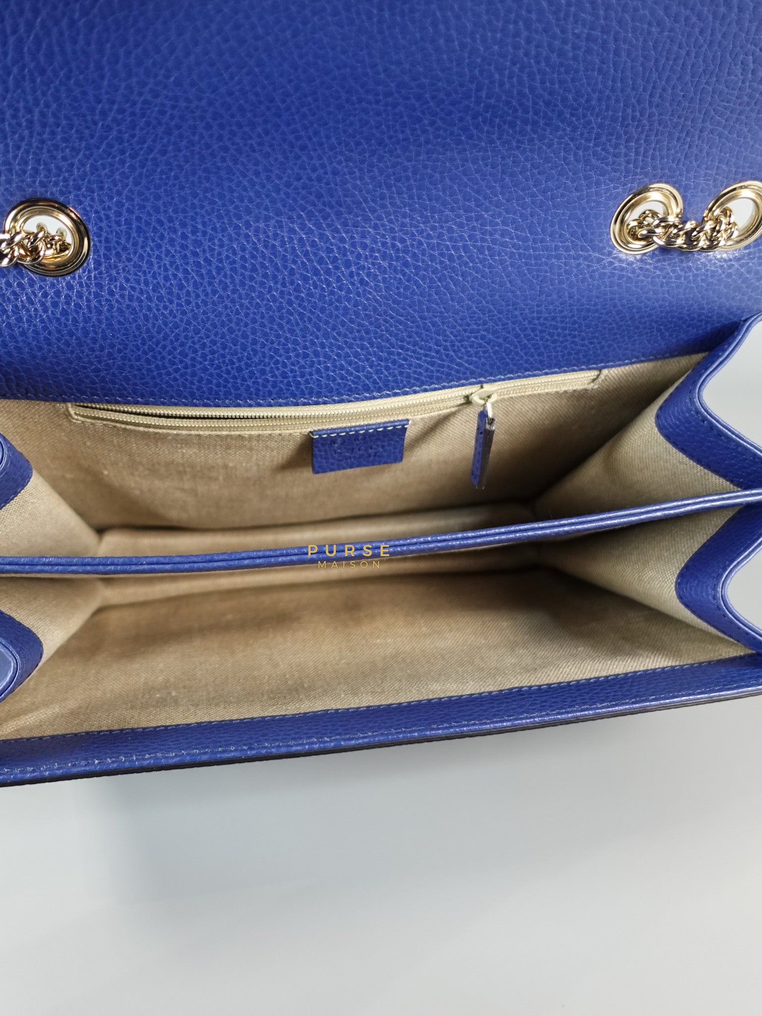 Interlocking Small Blue Leather Marmont Chain Handbag and Silver Hardware | Purse Maison Luxury Bags Shop