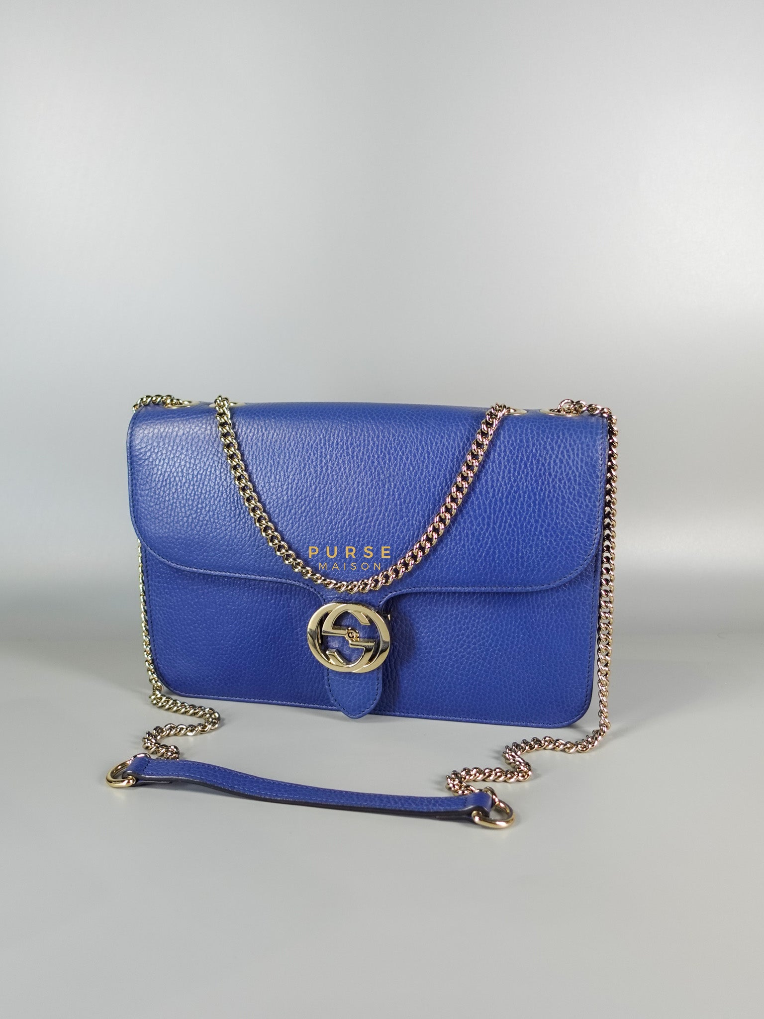 Interlocking Small Blue Leather Marmont Chain Handbag and Silver Hardware | Purse Maison Luxury Bags Shop