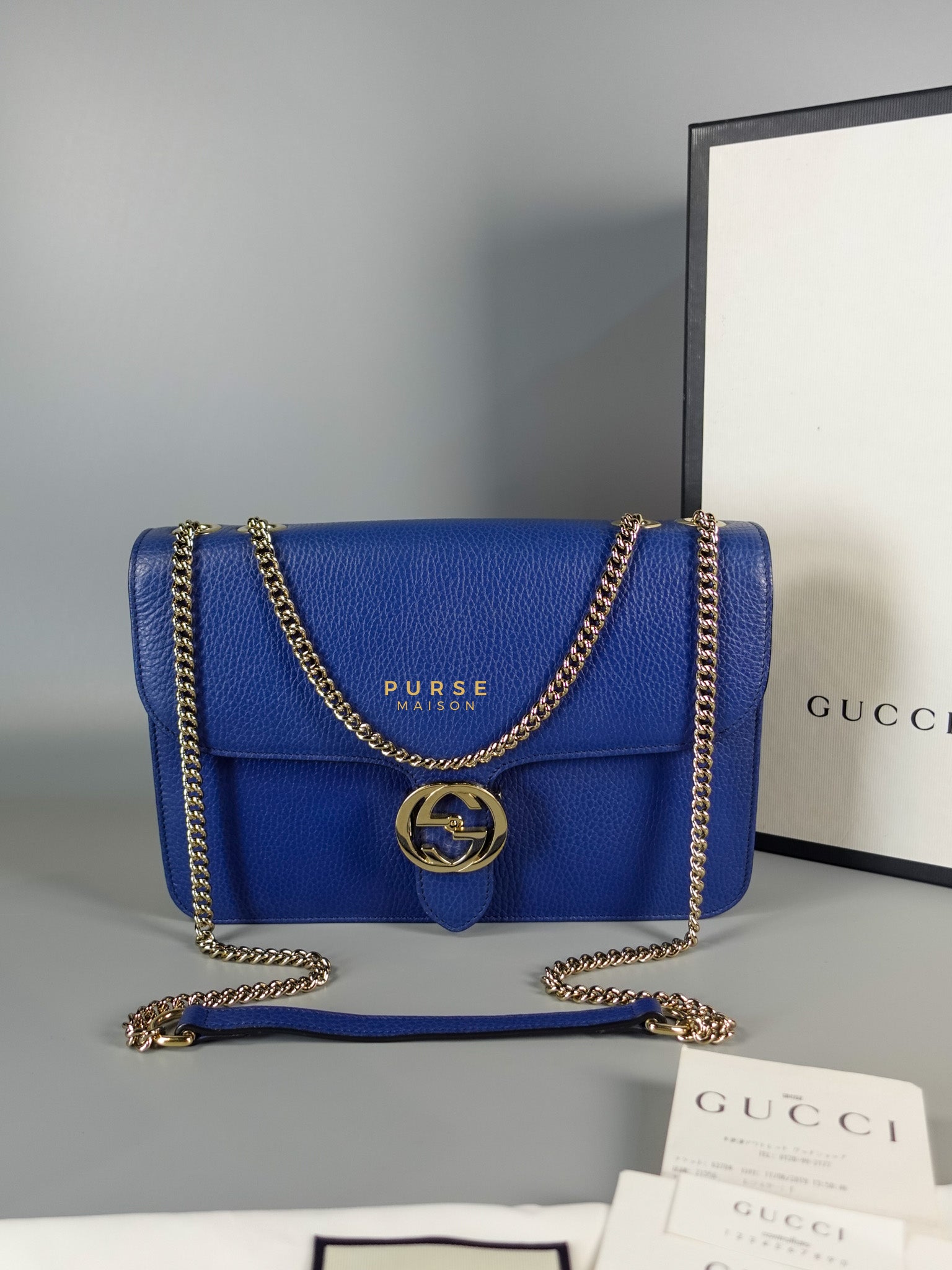 Interlocking Small Blue Leather Marmont Chain Handbag and Silver Hardware | Purse Maison Luxury Bags Shop