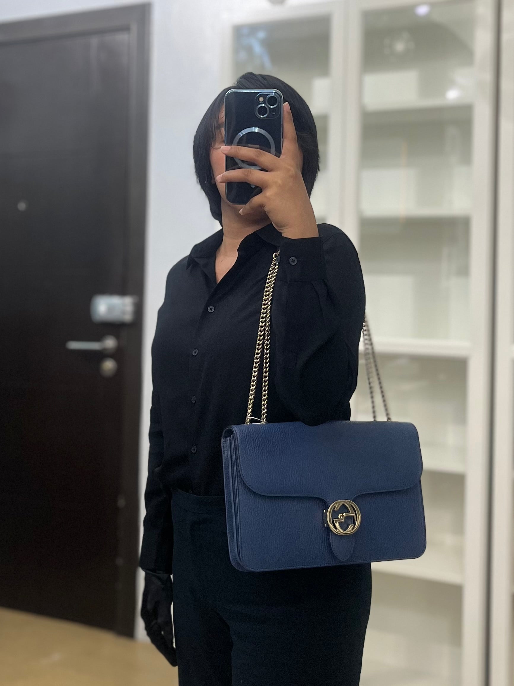Interlocking Medium Blue Leather Marmont Chain Handbag and Silver Hardware | Purse Maison Luxury Bags Shop