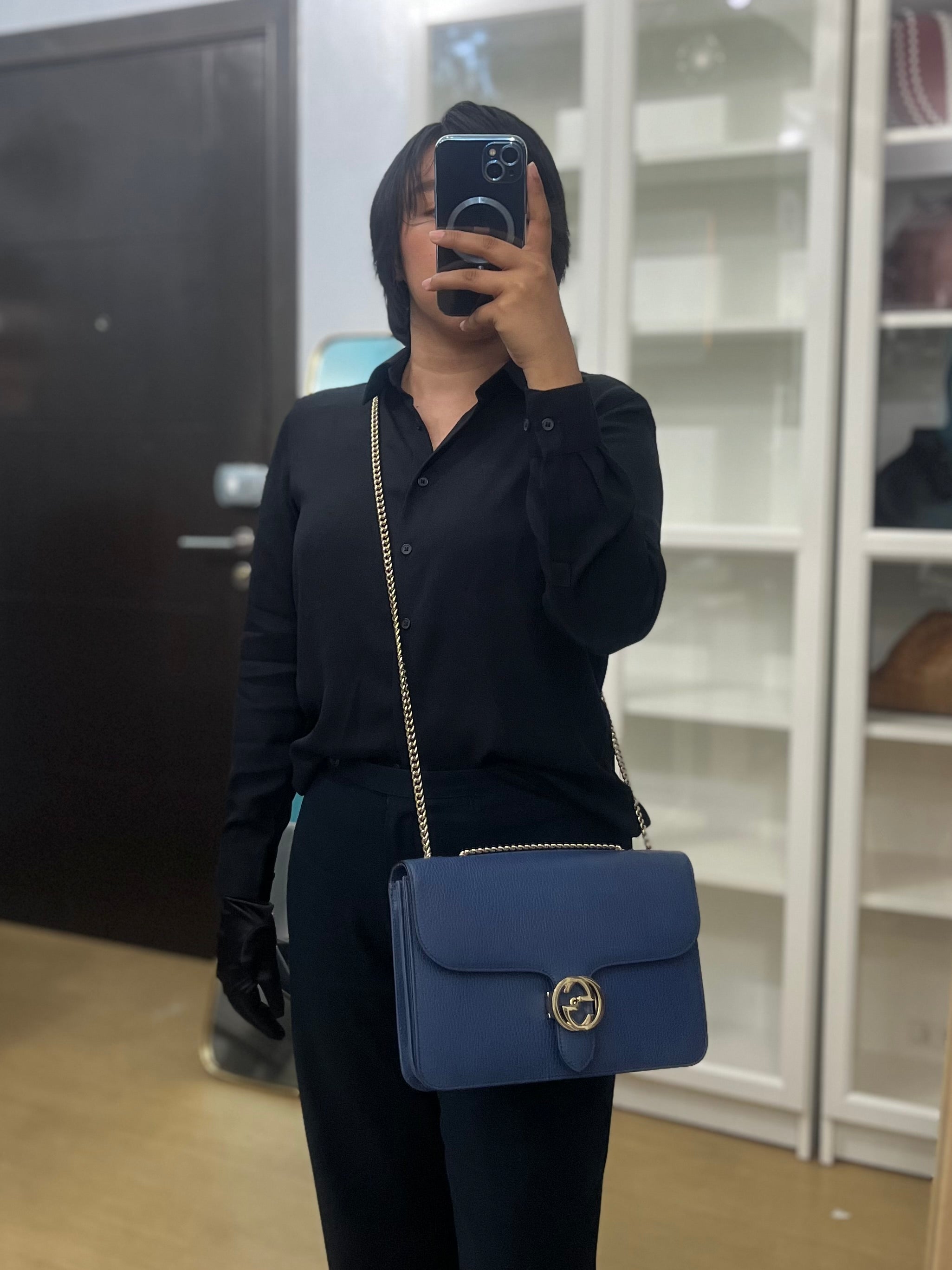 Interlocking Medium Blue Leather Marmont Chain Handbag and Silver Hardware | Purse Maison Luxury Bags Shop