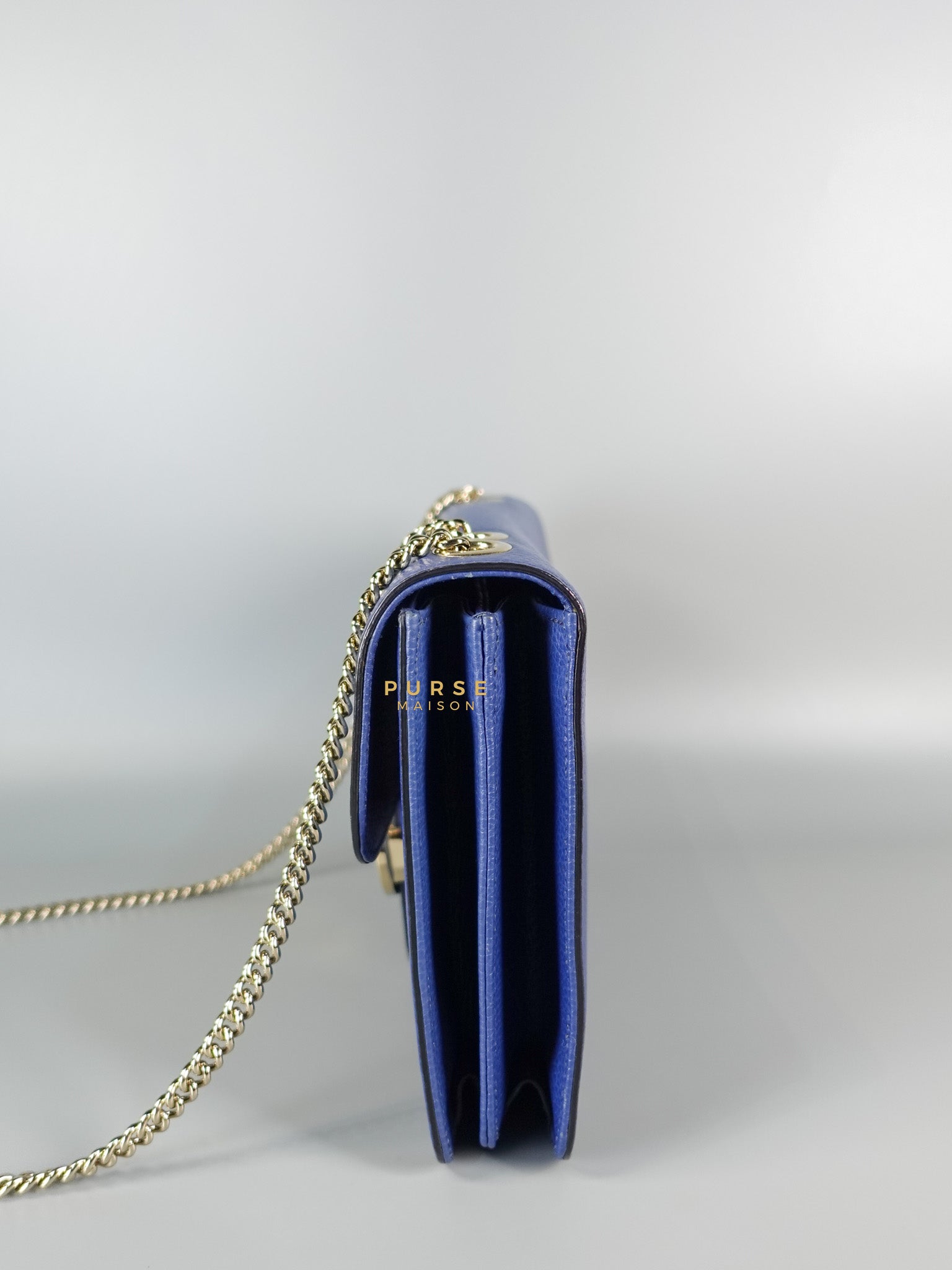 Interlocking Small Blue Leather Marmont Chain Handbag and Silver Hardware | Purse Maison Luxury Bags Shop