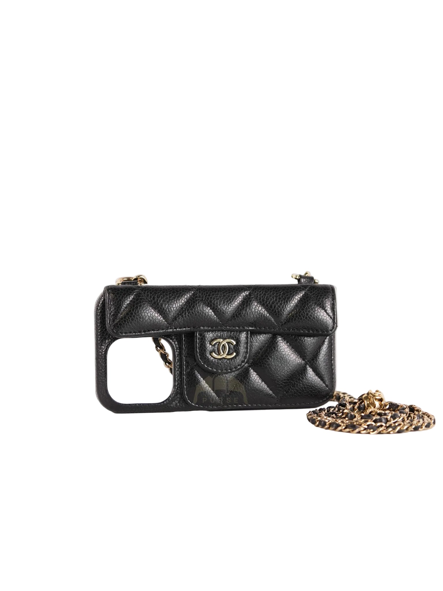 Iphone14 Pro Phone Case in Quilted Caviar Leather Chain Strap (Microchip) | Purse Maison Luxury Bags Shop