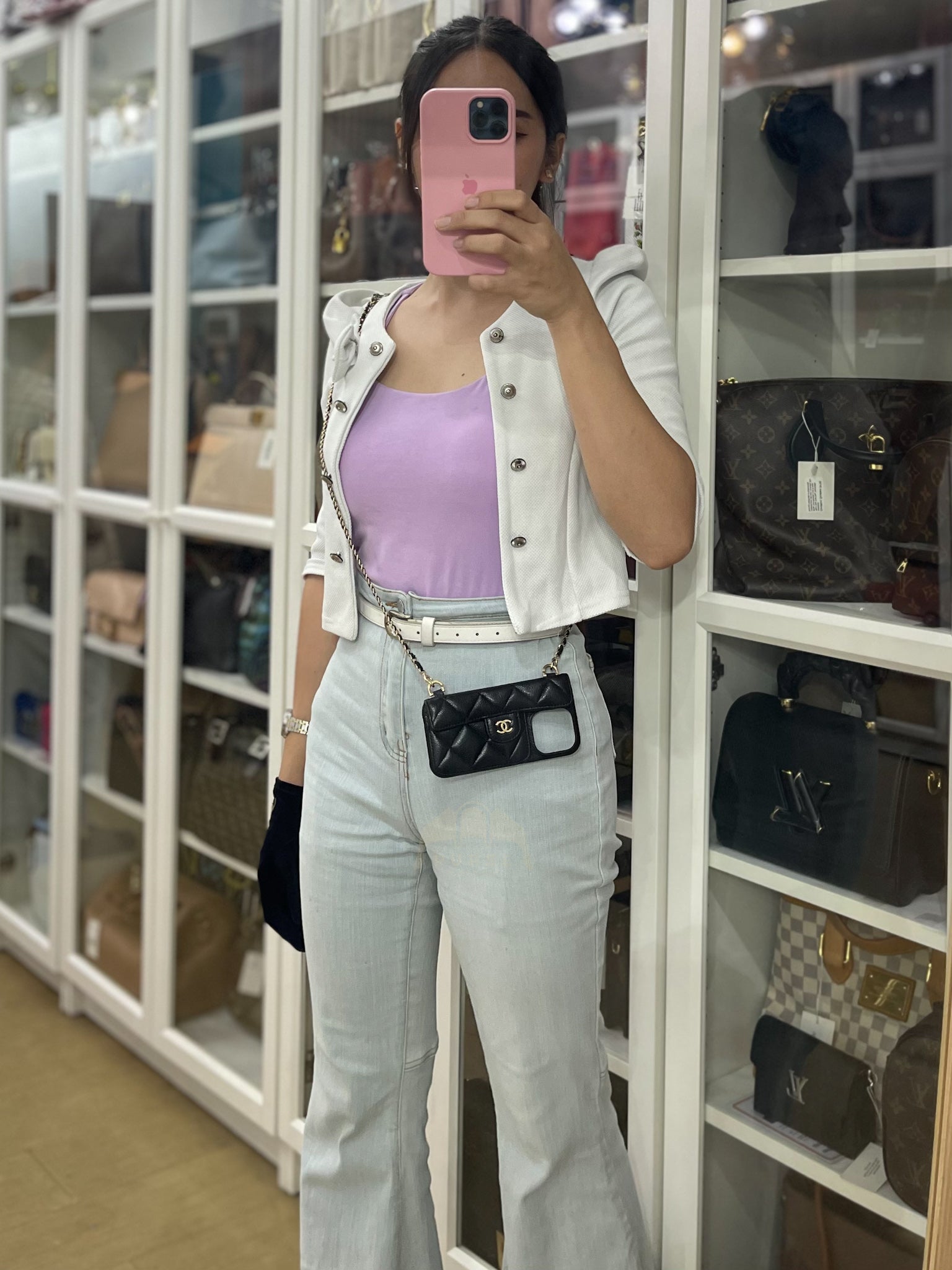 Iphone14 Pro Phone Case in Quilted Caviar Leather Chain Strap (Microchip) | Purse Maison Luxury Bags Shop