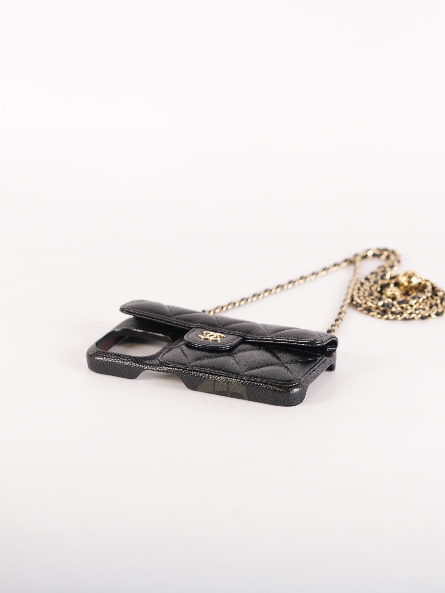 Iphone14 Pro Phone Case in Quilted Caviar Leather Chain Strap (Microchip) | Purse Maison Luxury Bags Shop