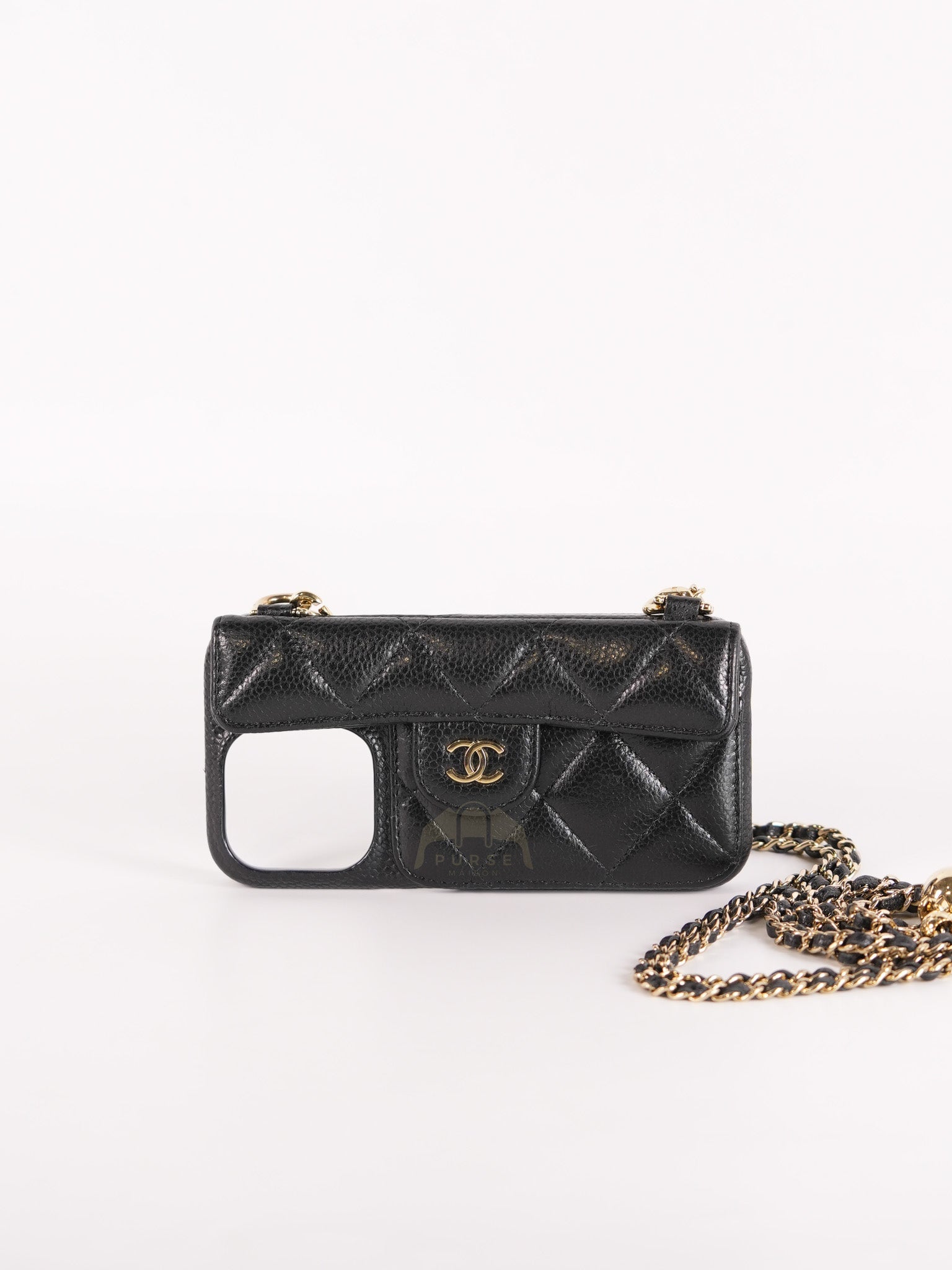 Iphone14 Pro Phone Case in Quilted Caviar Leather Chain Strap (Microchip) | Purse Maison Luxury Bags Shop