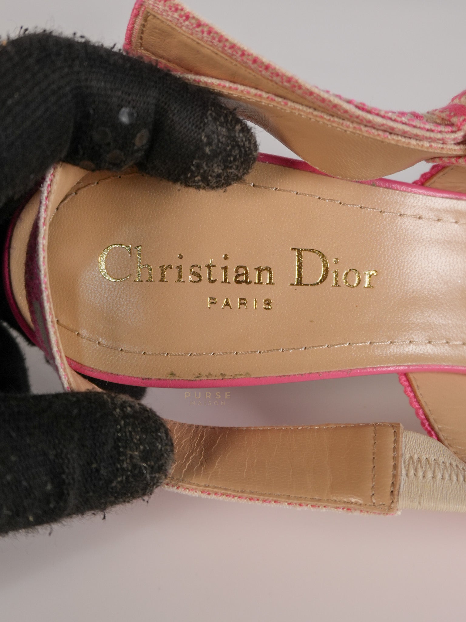 J'adior Slingback Pumps Pink/White Embroidered Fabric Size 38.5 EU(24.1 cm) | Purse Maison Luxury Bags Shop